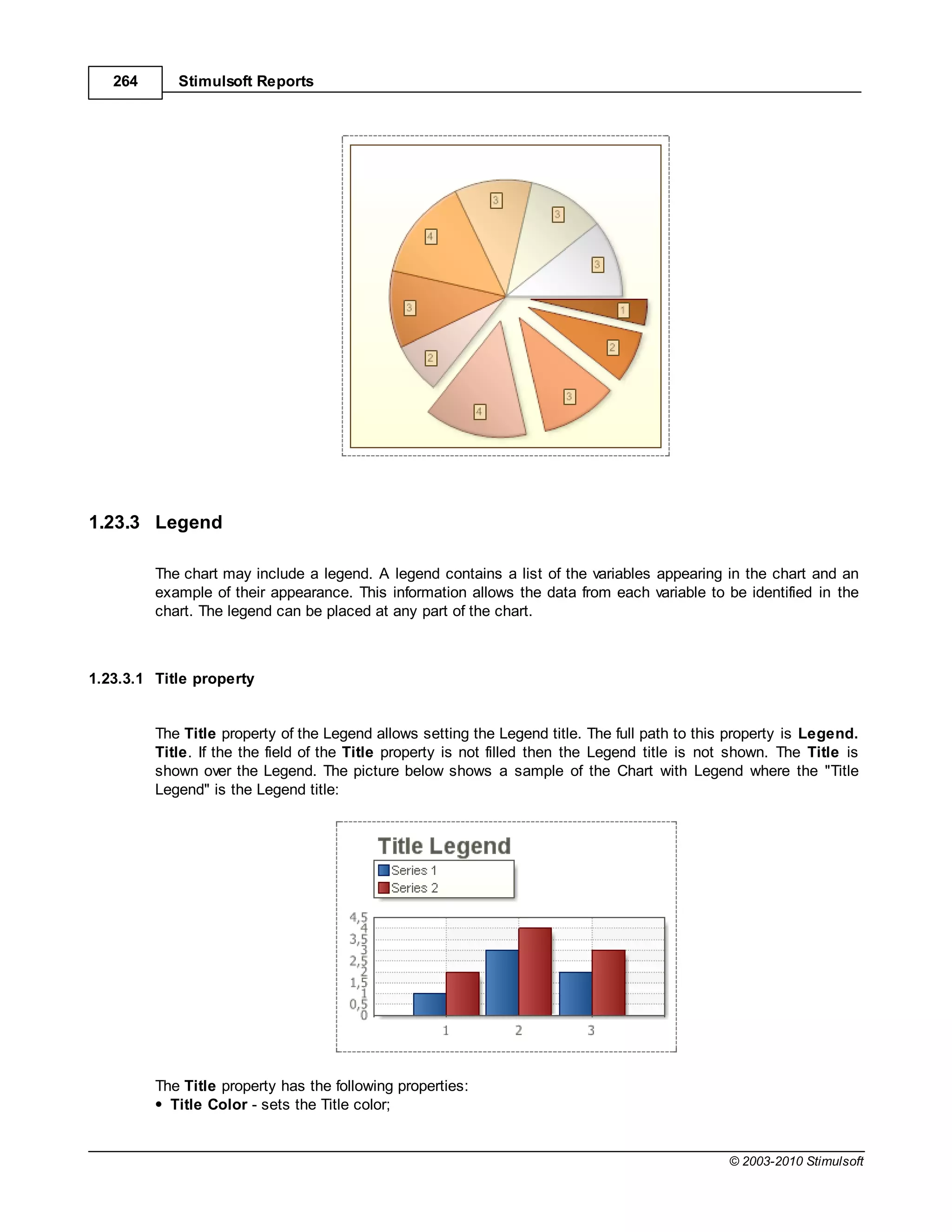 264      Stimulsoft Reports




1.23.3 Legend

         The chart may include a legend. A legend contains a list of the variables appearing in the chart and an
         example of their appearance. This information allows the data from each variable to be identified in the
         chart. The legend can be placed at any part of the chart.



1.23.3.1 Title property


         The Title property of the Legend allows setting the Legend title. The full path to this property is Legend.
         Title. If the the field of the Title property is not filled then the Legend title is not shown. The Title is
         shown over the Legend. The picture below shows a sample of the Chart with Legend where the "Title
         Legend" is the Legend title:




         The Title property has the following properties:
           Title Color - sets the Title color;


                                                                                                 © 2003-2010 Stimulsoft
 