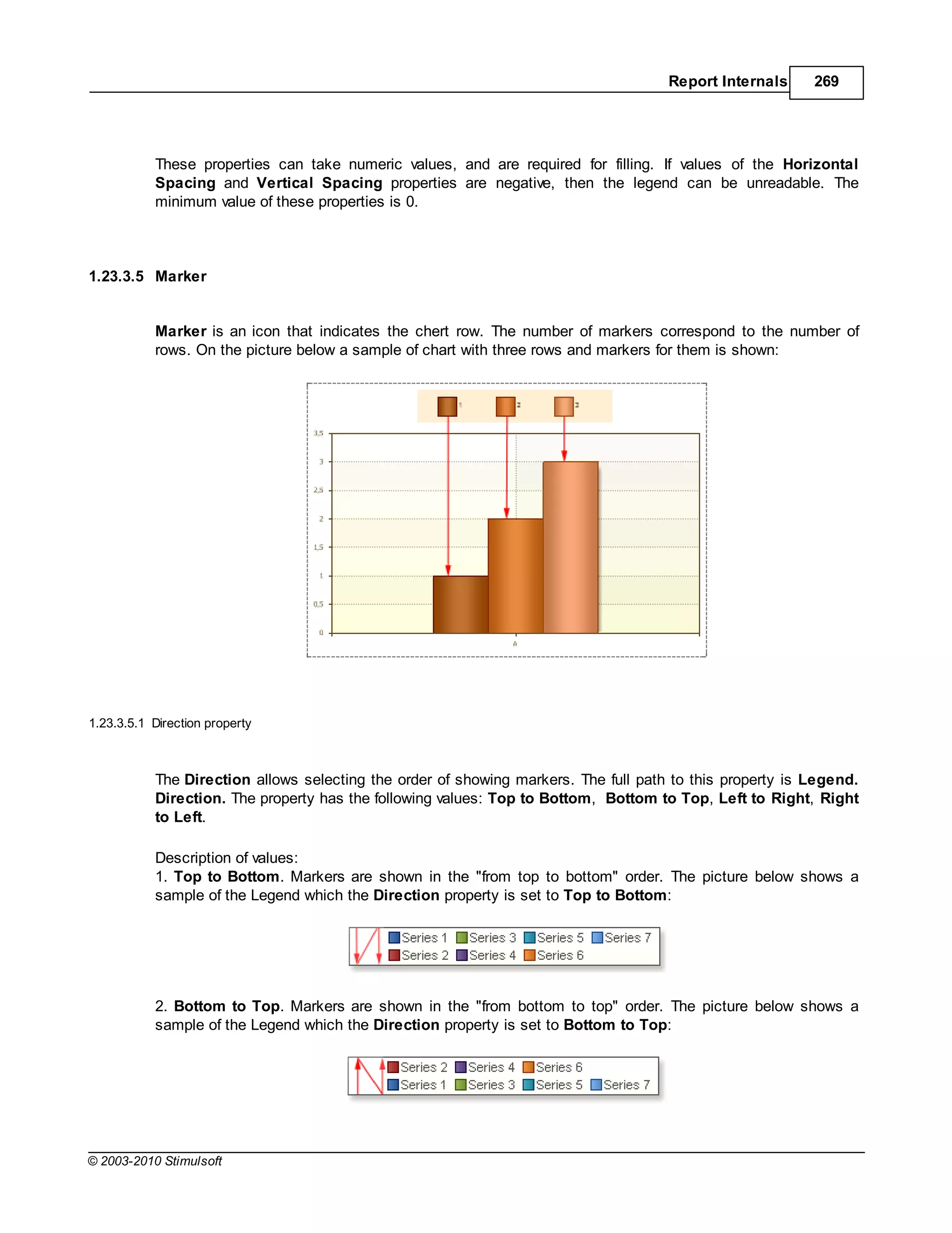 Report Internals     269




           These properties can take numeric values, and are required for filling. If values of the Horizontal
           Spacing and Vertical Spacing properties are negative, then the legend can be unreadable. The
           minimum value of these properties is 0.



1.23.3.5 Marker


           Marker is an icon that indicates the chert row. The number of markers correspond to the number of
           rows. On the picture below a sample of chart with three rows and markers for them is shown:




1.23.3.5.1 Direction property



           The Direction allows selecting the order of showing markers. The full path to this property is Legend.
           Direction. The property has the following values: Top to Bottom, Bottom to Top, Left to Right, Right
           to Left.

           Description of values:
           1. Top to Bottom. Markers are shown in the "from top to bottom" order. The picture below shows a
           sample of the Legend which the Direction property is set to Top to Bottom:




           2. Bottom to Top. Markers are shown in the "from bottom to top" order. The picture below shows a
           sample of the Legend which the Direction property is set to Bottom to Top:




© 2003-2010 Stimulsoft
 