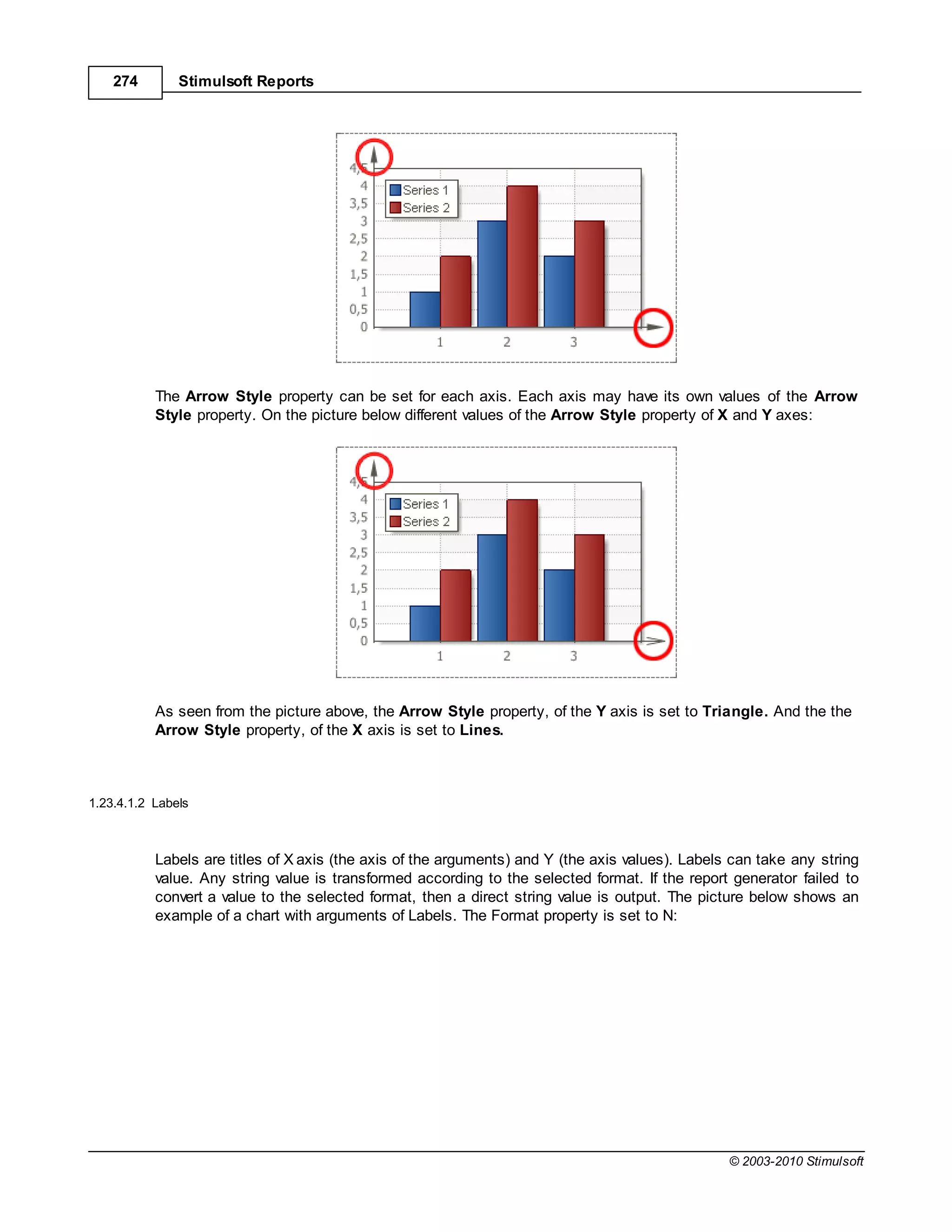 274        Stimulsoft Reports




           The Arrow Style property can be set for each axis. Each axis may have its own values of the Arrow
           Style property. On the picture below different values of the Arrow Style property of and Y axes:




           As seen from the picture above, the Arrow Style property, of the Y axis is set to Triangle. And the the
           Arrow Style property, of the X axis is set to Lines.



1.23.4.1.2 Labels



           Labels are titles of X axis (the axis of the arguments) and Y (the axis values). Labels can take any string
           value. Any string value is transformed according to the selected format. If the report generator failed to
           convert a value to the selected format, then a direct string value is output. The picture below shows an
           example of a chart with arguments of Labels. The Format property is set to N:




                                                                                                  © 2003-2010 Stimulsoft
 