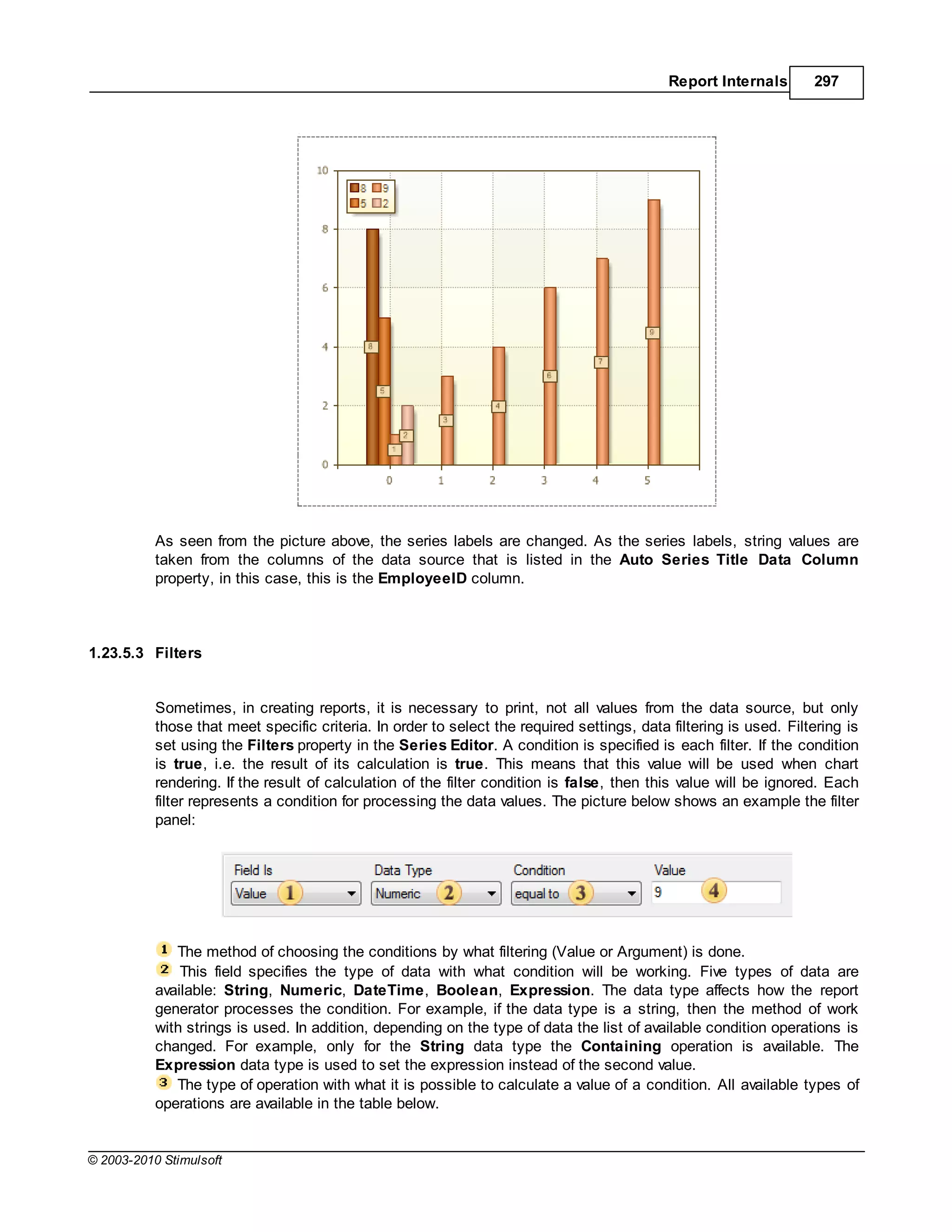 Report Internals       297




           As seen from the picture above, the series labels are changed. As the series labels, string values are
           taken from the columns of the data source that is listed in the Auto Series Title Data Column
           property, in this case, this is the EmployeeID column.



1.23.5.3 Filters


           Sometimes, in creating reports, it is necessary to print, not all values from the data source, but only
           those that meet specific criteria. In order to select the required settings, data filtering is used. Filtering is
           set using the Filters property in the Series Editor. A condition is specified is each filter. If the condition
           is true, i.e. the result of its calculation is true. This means that this value will be used when chart
           rendering. If the result of calculation of the filter condition is false, then this value will be ignored. Each
           filter represents a condition for processing the data values. The picture below shows an example the filter
           panel:




              The method of choosing the conditions by what filtering (Value or Argument) is done.
               This field specifies the type of data with what condition will be working. Five types of data are
           available: String, Numeric, DateTime, Boolean, Expression. The data type affects how the report
           generator processes the condition. For example, if the data type is a string, then the method of work
           with strings is used. In addition, depending on the type of data the list of available condition operations is
           changed. For example, only for the String data type the Containing operation is available. The
           Expression data type is used to set the expression instead of the second value.
              The type of operation with what it is possible to calculate a value of a condition. All available types of
           operations are available in the table below.


© 2003-2010 Stimulsoft
 