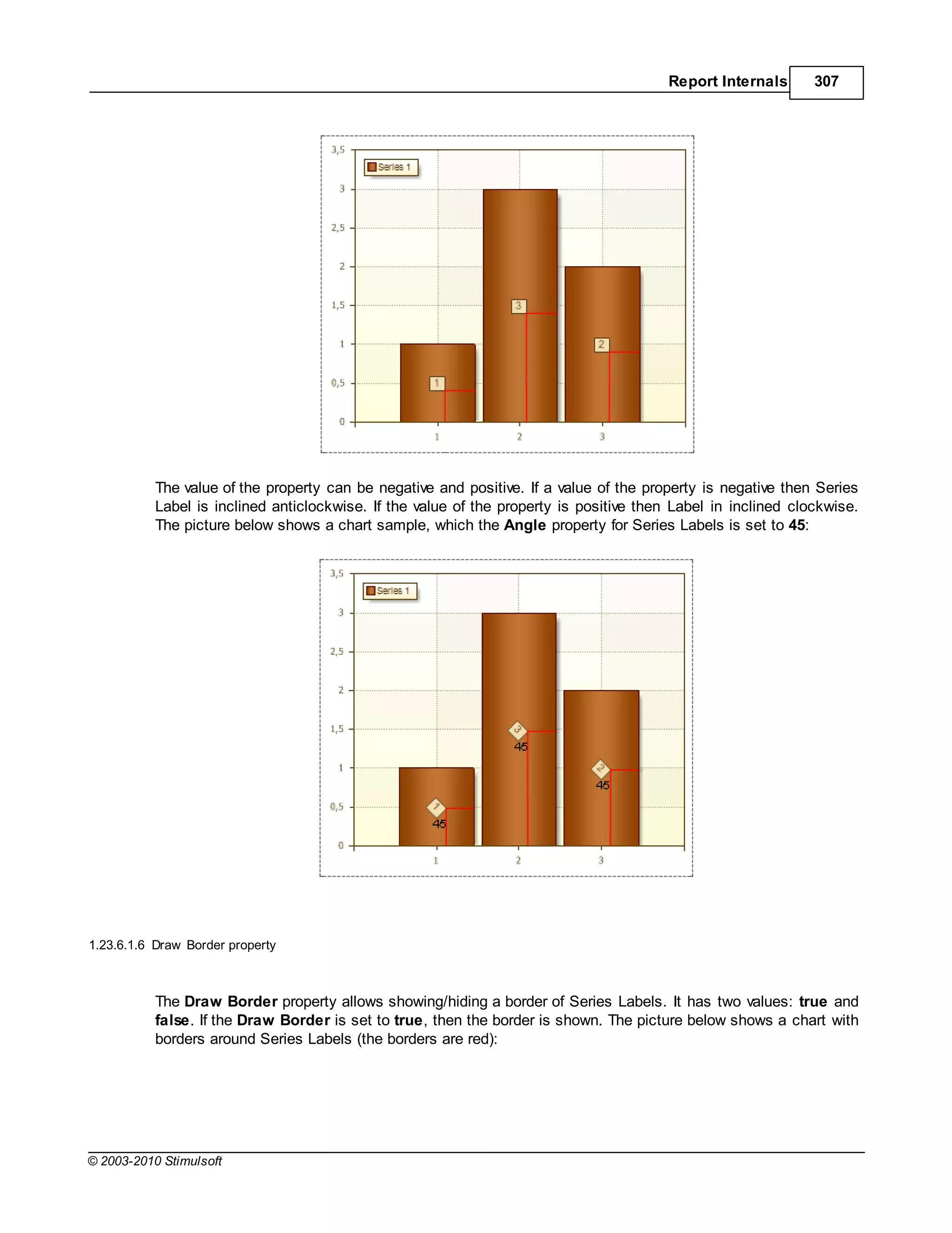 Report Internals      307




           The value of the property can be negative and positive. If a value of the property is negative then Series
           Label is inclined anticlockwise. If the value of the property is positive then Label in inclined clockwise.
           The picture below shows a chart sample, which the Angle property for Series Labels is set to 45:




1.23.6.1.6 Draw Border property



           The Draw Border property allows showing/hiding a border of Series Labels. It has two values: true and
           false. If the Draw Border is set to true, then the border is shown. The picture below shows a chart with
           borders around Series Labels (the borders are red):




© 2003-2010 Stimulsoft
 