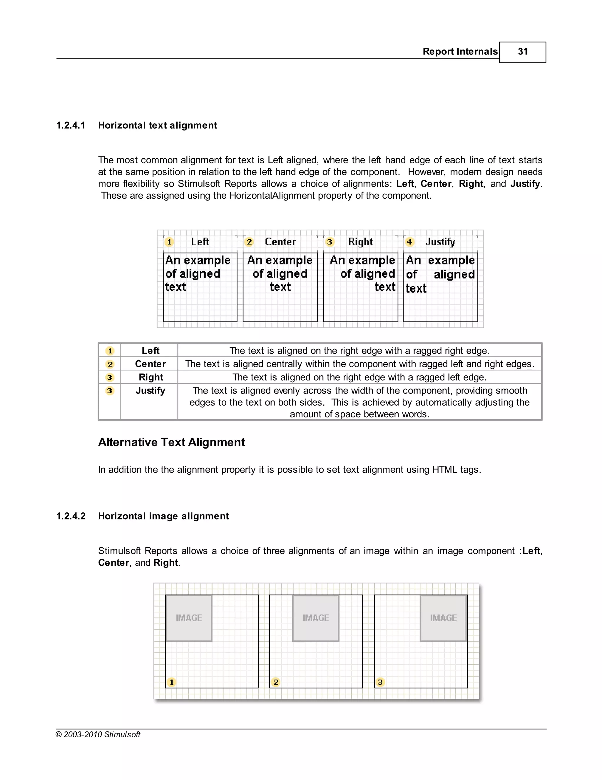 Report Internals      31




1.2.4.1    Horizontal text alignment


           The most common alignment for text is Left aligned, where the left hand edge of each line of text starts
           at the same position in relation to the left hand edge of the component. However, modern design needs
           more flexibility so Stimulsoft Reports allows a choice of alignments: Left, Center, Right, and Justify.
            These are assigned using the HorizontalAlignment property of the component.




                     Left                 The text is aligned on the right edge with a ragged right edge.
                    Center     The text is aligned centrally within the component with ragged left and right edges.
                     Right                 The text is aligned on the right edge with a ragged left edge.
                    Justify      The text is aligned evenly across the width of the component, providing smooth
                                edges to the text on both sides. This is achieved by automatically adjusting the
                                                          amount of space between words.

           Alternative Text Alignment

           In addition the the alignment property it is possible to set text alignment using HTML tags.



1.2.4.2    Horizontal image alignment


           Stimulsoft Reports allows a choice of three alignments of an image within an image component :Left,
           Center, and Right.




© 2003-2010 Stimulsoft
 