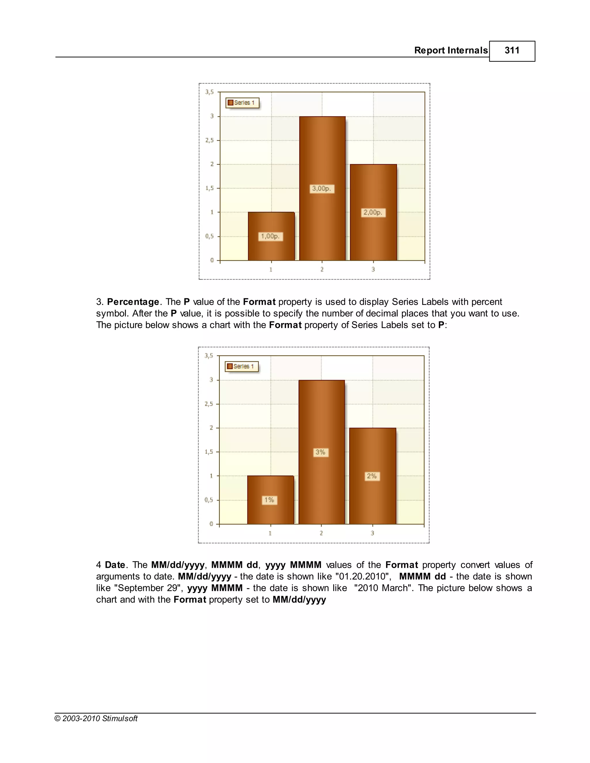 Report Internals      311




           3. Percentage. The P value of the Format property is used to display Series Labels with percent
           symbol. After the P value, it is possible to specify the number of decimal places that you want to use.
           The picture below shows a chart with the Format property of Series Labels set to P:




           4 Date. The MM/dd/yyyy, MMMM dd, yyyy MMMM values of the Format property convert values of
           arguments to date. MM/dd/yyyy - the date is shown like "01.20.2010", MMMM dd - the date is shown
           like "September 29", yyyy MMMM - the date is shown like "2010 March". The picture below shows a
           chart and with the Format property set to MM/dd/yyyy




© 2003-2010 Stimulsoft
 