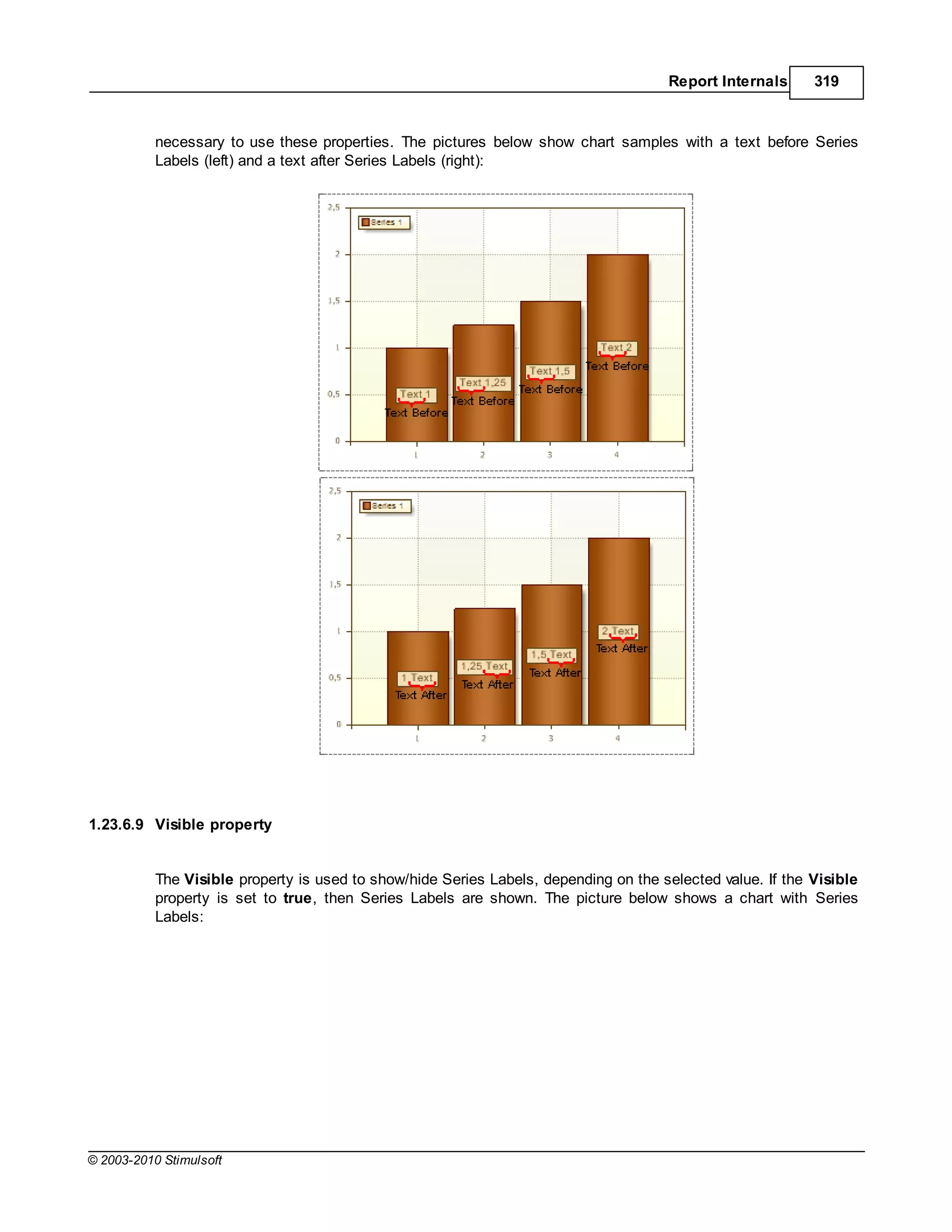 Report Internals      319



           necessary to use these properties. The pictures below show chart samples with a text before Series
           Labels (left) and a text after Series Labels (right):




1.23.6.9 Visible property


           The Visible property is used to show/hide Series Labels, depending on the selected value. If the Visible
           property is set to true, then Series Labels are shown. The picture below shows a chart with Series
           Labels:




© 2003-2010 Stimulsoft
 