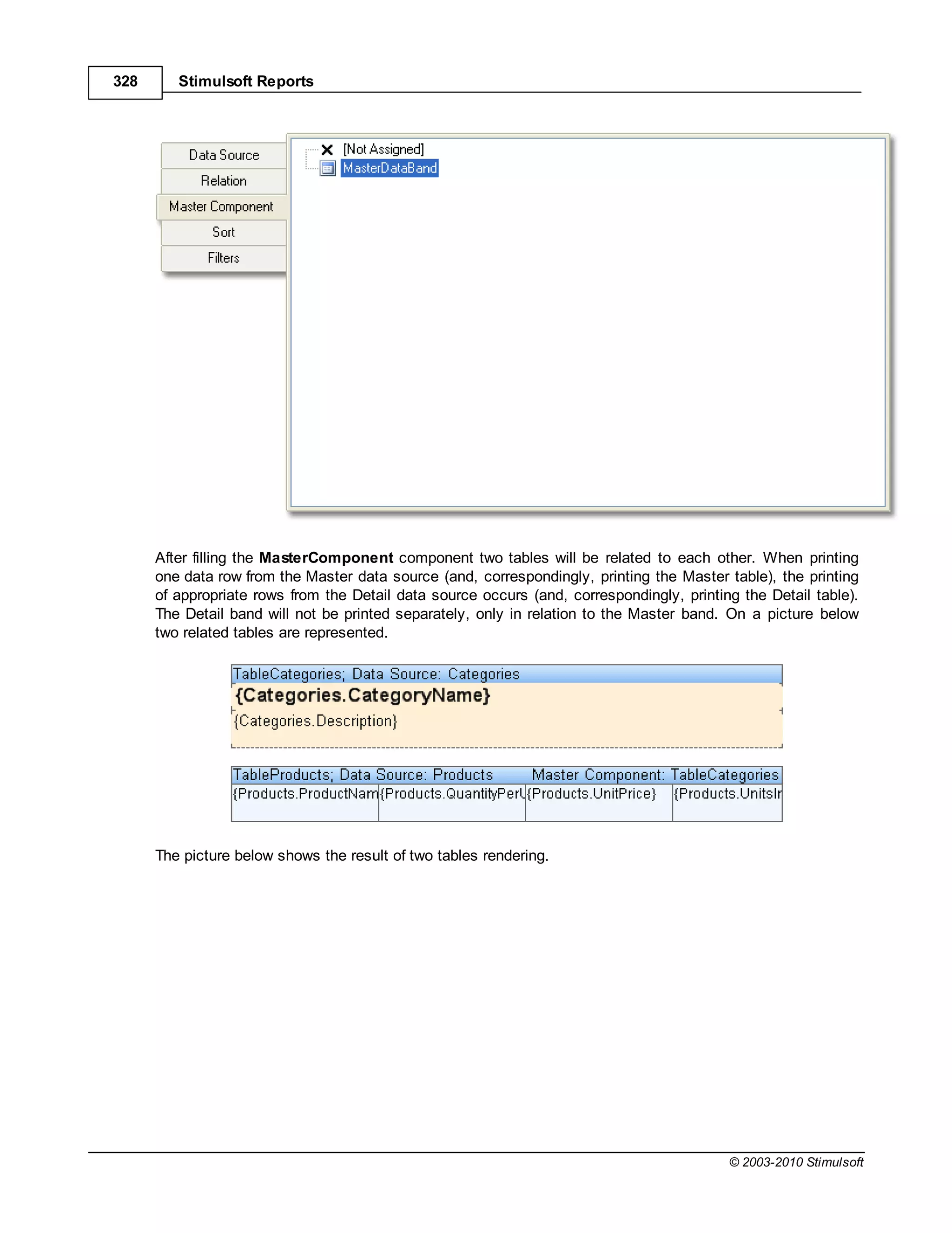 328      Stimulsoft Reports




      After filling the MasterComponent component two tables will be related to each other. When printing
      one data row from the Master data source (and, correspondingly, printing the Master table), the printing
      of appropriate rows from the Detail data source occurs (and, correspondingly, printing the Detail table).
      The Detail band will not be printed separately, only in relation to the Master band. On a picture below
      two related tables are represented.




      The picture below shows the result of two tables rendering.




                                                                                           © 2003-2010 Stimulsoft
 