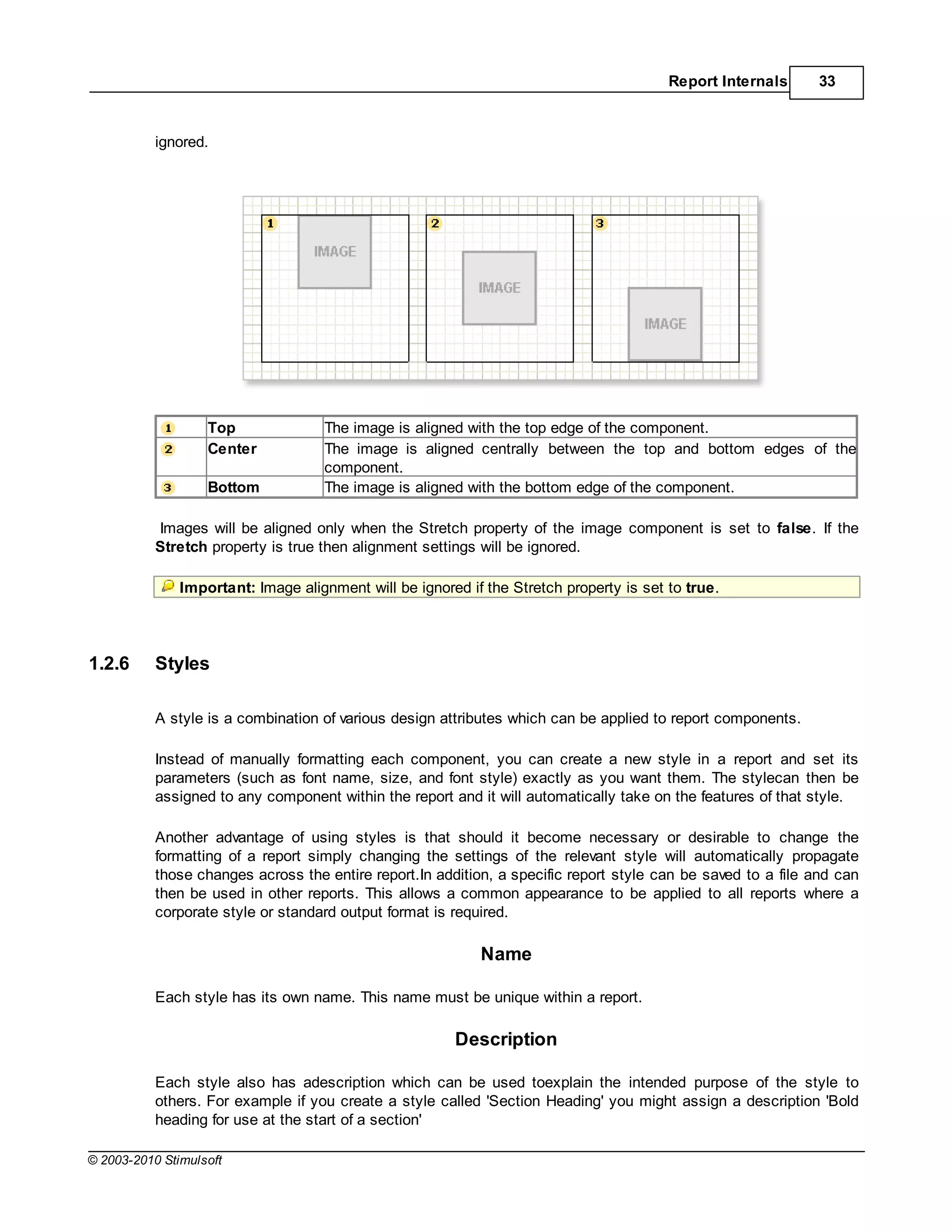 Report Internals     33



           ignored.




                   Top              The image is aligned with the top edge of the component.
                   Center           The image is aligned centrally between the top and bottom edges of the
                                    component.
                   Bottom           The image is aligned with the bottom edge of the component.

           Images will be aligned only when the Stretch property of the image component is set to false. If the
           Stretch property is true then alignment settings will be ignored.

               Important: Image alignment will be ignored if the Stretch property is set to true.




1.2.6      Styles

           A style is a combination of various design attributes which can be applied to report components.

           Instead of manually formatting each component, you can create a new style in a report and set its
           parameters (such as font name, size, and font style) exactly as you want them. The stylecan then be
           assigned to any component within the report and it will automatically take on the features of that style.

           Another advantage of using styles is that should it become necessary or desirable to change the
           formatting of a report simply changing the settings of the relevant style will automatically propagate
           those changes across the entire report.In addition, a specific report style can be saved to a file and can
           then be used in other reports. This allows a common appearance to be applied to all reports where a
           corporate style or standard output format is required.

                                                            Name

           Each style has its own name. This name must be unique within a report.

                                                        Description

           Each style also has adescription which can be used toexplain the intended purpose of the style to
           others. For example if you create a style called 'Section Heading' you might assign a description 'Bold
           heading for use at the start of a section'

© 2003-2010 Stimulsoft
 