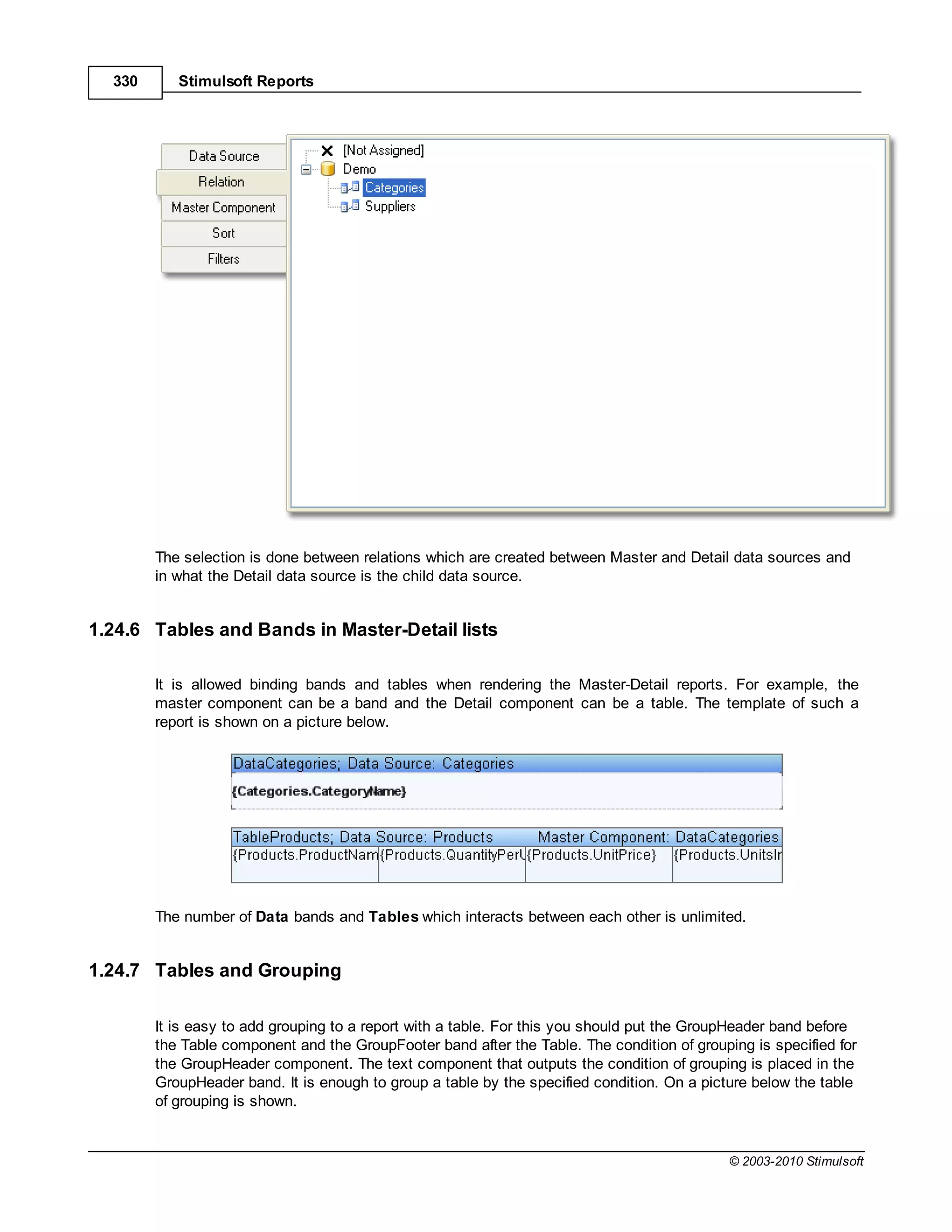 330      Stimulsoft Reports




        The selection is done between relations which are created between Master and Detail data sources and
        in what the Detail data source is the child data source.


1.24.6 Tables and Bands in Master-Detail lists

        It is allowed binding bands and tables when rendering the Master-Detail reports. For example, the
        master component can be a band and the Detail component can be a table. The template of such a
        report is shown on a picture below.




        The number of Data bands and Tables which interacts between each other is unlimited.


1.24.7 Tables and Grouping

        It is easy to add grouping to a report with a table. For this you should put the GroupHeader band before
        the Table component and the GroupFooter band after the Table. The condition of grouping is specified for
        the GroupHeader component. The text component that outputs the condition of grouping is placed in the
        GroupHeader band. It is enough to group a table by the specified condition. On a picture below the table
        of grouping is shown.


                                                                                             © 2003-2010 Stimulsoft
 
