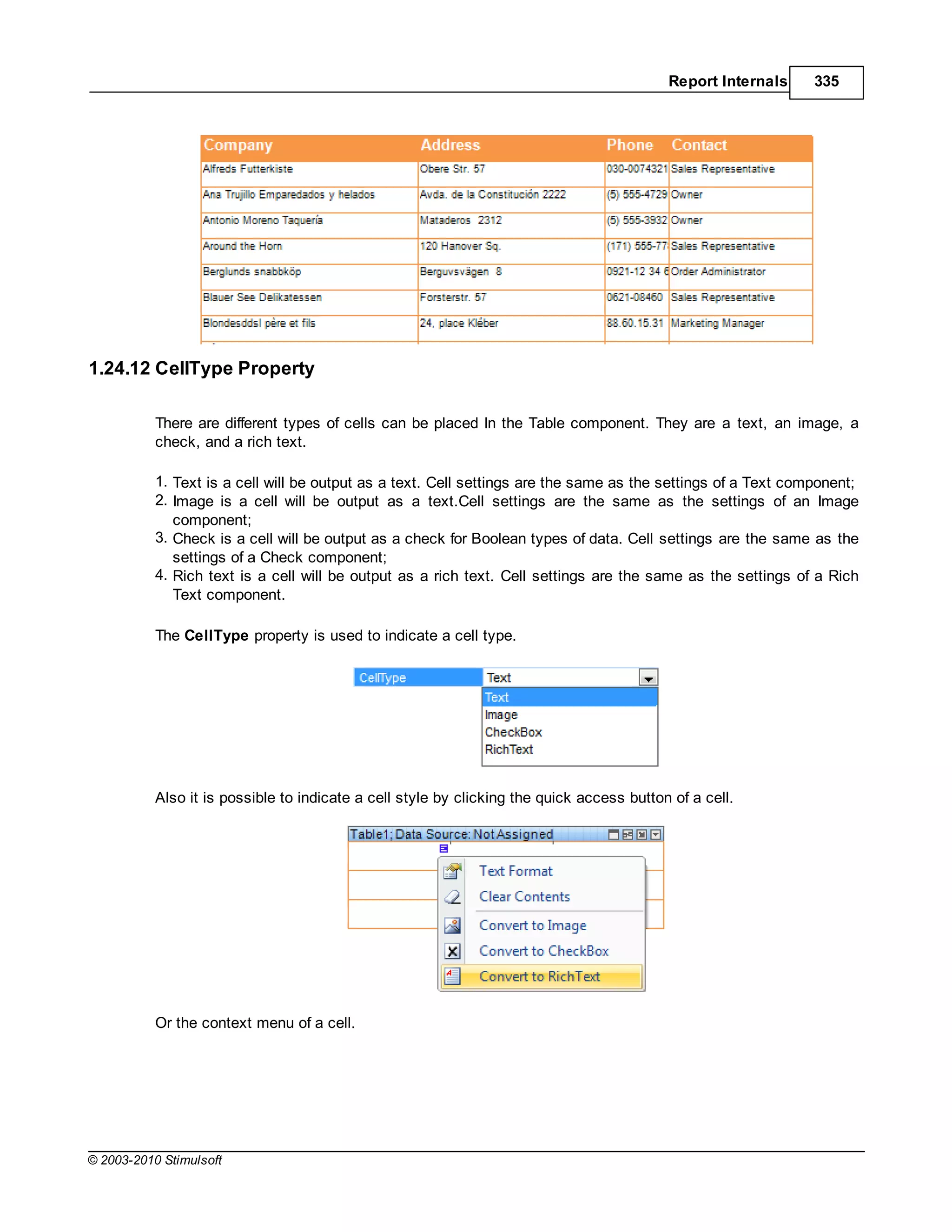 Report Internals    335




1.24.12 CellType Property

           There are different types of cells can be placed In the Table component. They are a text, an image, a
           check, and a rich text.

           1. Text is a cell will be output as a text. Cell settings are the same as the settings of a Text component;
           2. Image is a cell will be output as a text.Cell settings are the same as the settings of an Image
              component;
           3. Check is a cell will be output as a check for Boolean types of data. Cell settings are the same as the
              settings of a Check component;
           4. Rich text is a cell will be output as a rich text. Cell settings are the same as the settings of a Rich
              Text component.

           The CellType property is used to indicate a cell type.




           Also it is possible to indicate a cell style by clicking the quick access button of a cell.




           Or the context menu of a cell.




© 2003-2010 Stimulsoft
 