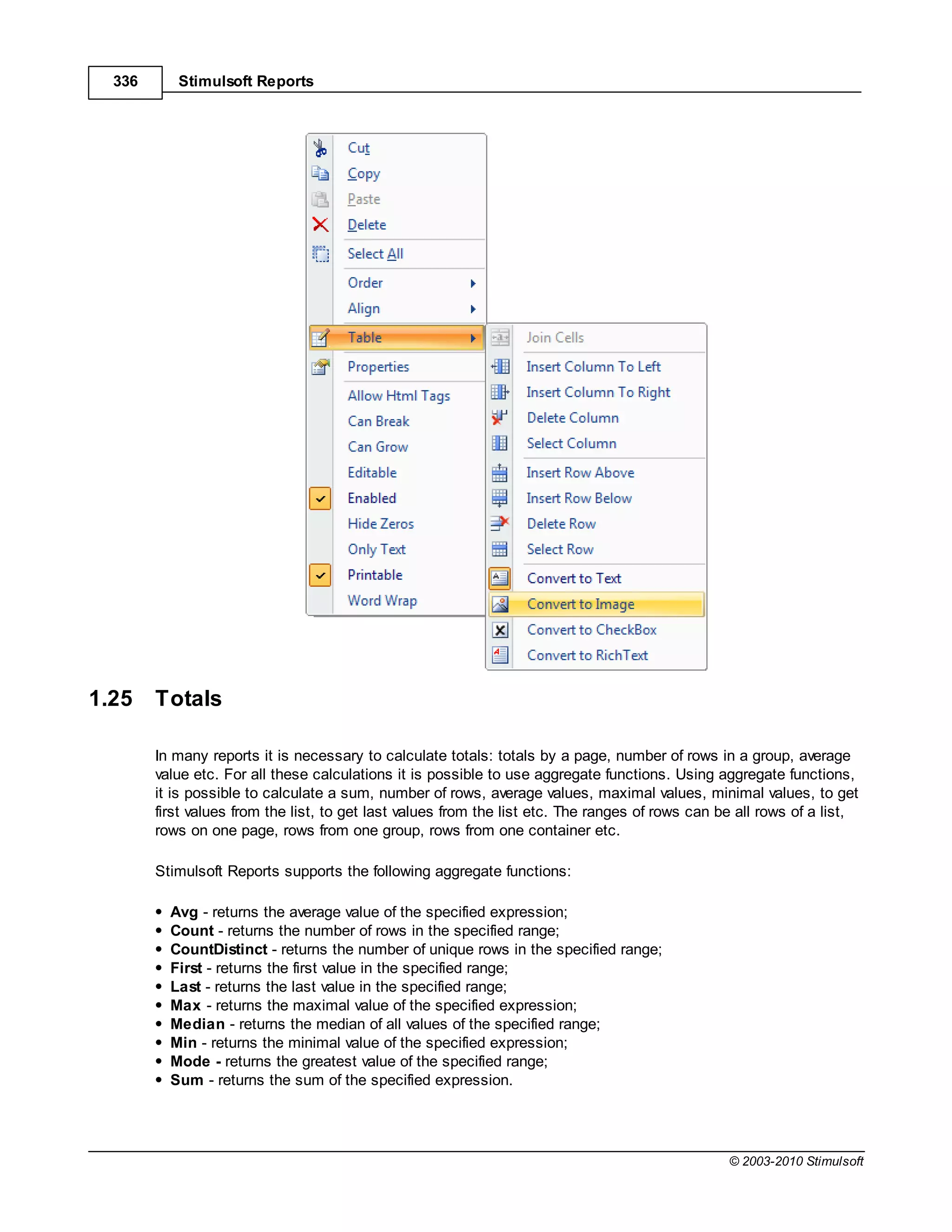 336      Stimulsoft Reports




1.25    Totals

        In many reports it is necessary to calculate totals: totals by a page, number of rows in a group, average
        value etc. For all these calculations it is possible to use aggregate functions. Using aggregate functions,
        it is possible to calculate a sum, number of rows, average values, maximal values, minimal values, to get
        first values from the list, to get last values from the list etc. The ranges of rows can be all rows of a list,
        rows on one page, rows from one group, rows from one container etc.

        Stimulsoft Reports supports the following aggregate functions:

          Avg - returns the average value of the specified expression;
          Count - returns the number of rows in the specified range;
          CountDistinct - returns the number of unique rows in the specified range;
          First - returns the first value in the specified range;
          Last - returns the last value in the specified range;
          Max - returns the maximal value of the specified expression;
          Median - returns the median of all values of the specified range;
          Min - returns the minimal value of the specified expression;
          Mode - returns the greatest value of the specified range;
          Sum - returns the sum of the specified expression.




                                                                                                  © 2003-2010 Stimulsoft
 