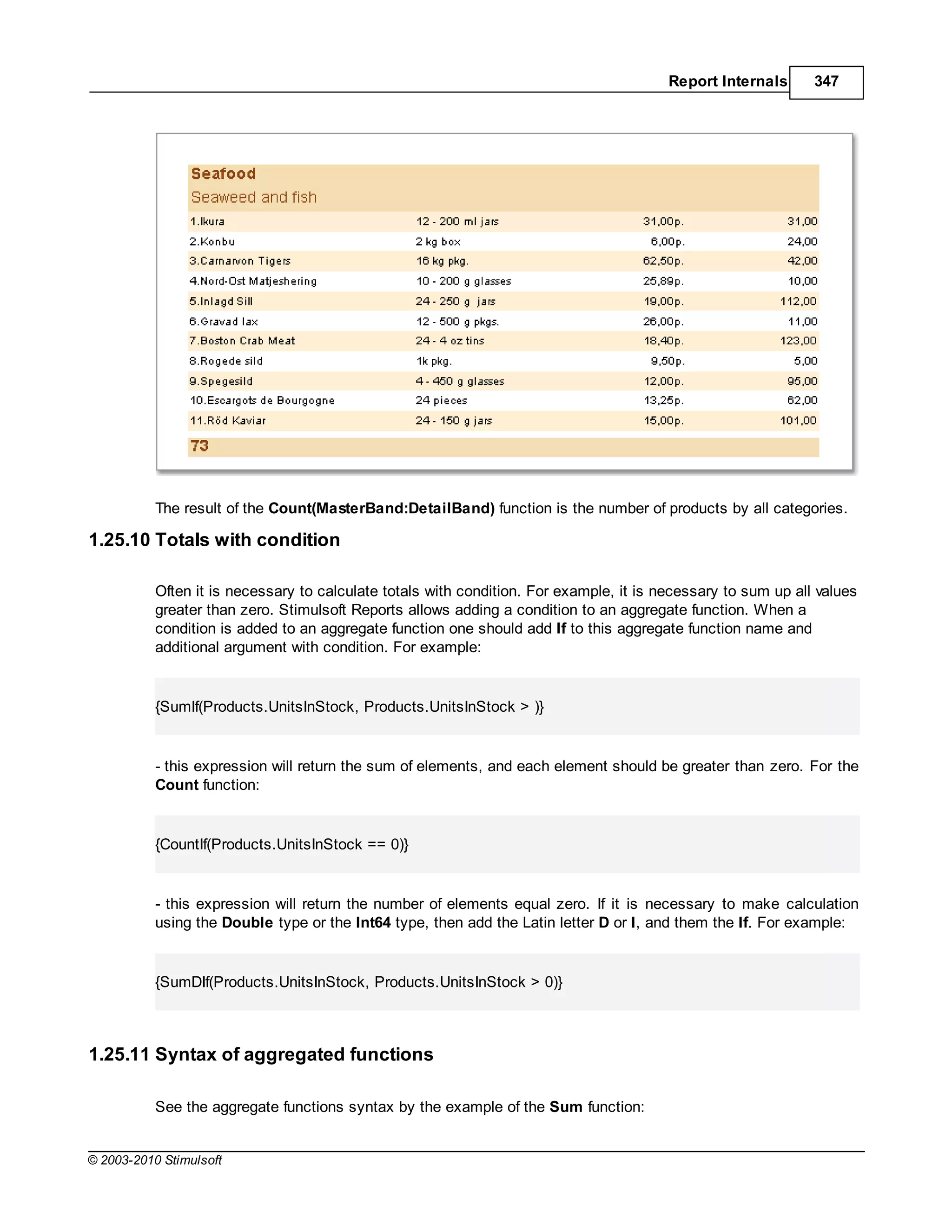 Report Internals      347




           The result of the Count(MasterBand:DetailBand) function is the number of products by all categories.

1.25.10 Totals with condition

           Often it is necessary to calculate totals with condition. For example, it is necessary to sum up all values
           greater than zero. Stimulsoft Reports allows adding a condition to an aggregate function. When a
           condition is added to an aggregate function one should add If to this aggregate function name and
           additional argument with condition. For example:


           {SumIf(Products.UnitsInStock, Products.UnitsInStock > )}


           - this expression will return the sum of elements, and each element should be greater than zero. For the
           Count function:


           {CountIf(Products.UnitsInStock == 0)}


           - this expression will return the number of elements equal zero. If it is necessary to make calculation
           using the Double type or the Int64 type, then add the Latin letter D or I, and them the If. For example:


           {SumDIf(Products.UnitsInStock, Products.UnitsInStock > 0)}



1.25.11 Syntax of aggregated functions

           See the aggregate functions syntax by the example of the Sum function:


© 2003-2010 Stimulsoft
 