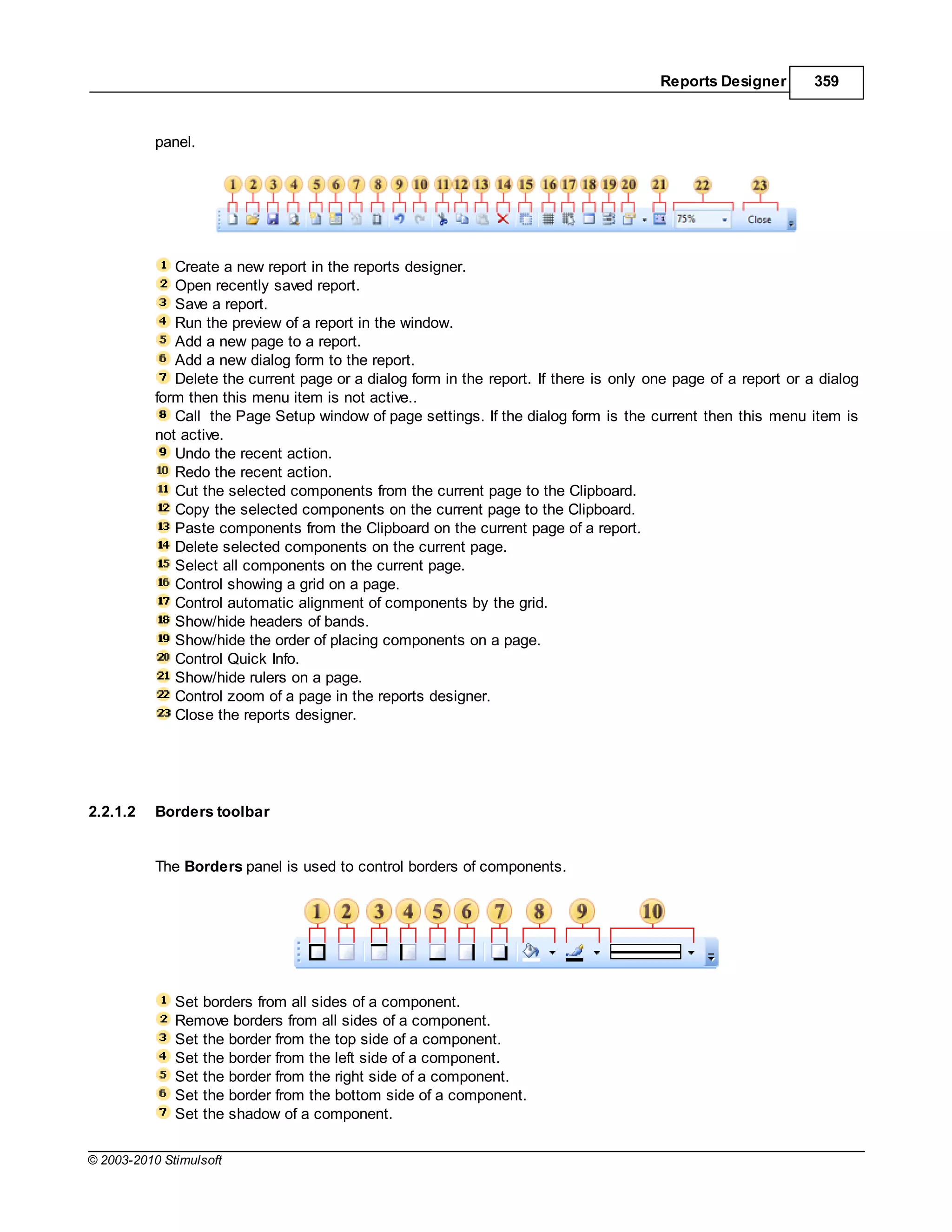 Reports Designer        359



           panel.




              Create a new report in the reports designer.
              Open recently saved report.
              Save a report.
              Run the preview of a report in the window.
              Add a new page to a report.
              Add a new dialog form to the report.
              Delete the current page or a dialog form in the report. If there is only one page of a report or a dialog
           form then this menu item is not active..
              Call the Page Setup window of page settings. If the dialog form is the current then this menu item is
           not active.
              Undo the recent action.
              Redo the recent action.
              Cut the selected components from the current page to the Clipboard.
              Copy the selected components on the current page to the Clipboard.
              Paste components from the Clipboard on the current page of a report.
              Delete selected components on the current page.
              Select all components on the current page.
              Control showing a grid on a page.
              Control automatic alignment of components by the grid.
              Show/hide headers of bands.
              Show/hide the order of placing components on a page.
              Control Quick Info.
              Show/hide rulers on a page.
              Control zoom of a page in the reports designer.
              Close the reports designer.




2.2.1.2    Borders toolbar


           The Borders panel is used to control borders of components.




              Set borders from all sides of a component.
              Remove borders from all sides of a component.
              Set the border from the top side of a component.
              Set the border from the left side of a component.
              Set the border from the right side of a component.
              Set the border from the bottom side of a component.
              Set the shadow of a component.

© 2003-2010 Stimulsoft
 