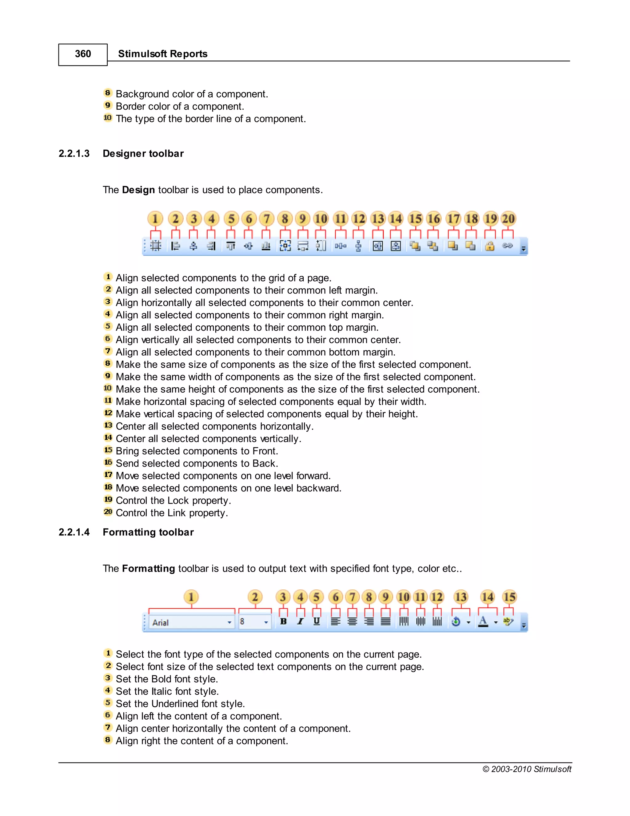 360       Stimulsoft Reports



             Background color of a component.
             Border color of a component.
             The type of the border line of a component.


2.2.1.3   Designer toolbar


          The Design toolbar is used to place components.




             Align selected components to the grid of a page.
             Align all selected components to their common left margin.
             Align horizontally all selected components to their common center.
             Align all selected components to their common right margin.
             Align all selected components to their common top margin.
             Align vertically all selected components to their common center.
             Align all selected components to their common bottom margin.
             Make the same size of components as the size of the first selected component.
             Make the same width of components as the size of the first selected component.
             Make the same height of components as the size of the first selected component.
             Make horizontal spacing of selected components equal by their width.
             Make vertical spacing of selected components equal by their height.
             Center all selected components horizontally.
             Center all selected components vertically.
             Bring selected components to Front.
             Send selected components to Back.
             Move selected components on one level forward.
             Move selected components on one level backward.
             Control the Lock property.
             Control the Link property.
2.2.1.4   Formatting toolbar


          The Formatting toolbar is used to output text with specified font type, color etc..




             Select the font type of the selected components on the current page.
             Select font size of the selected text components on the current page.
             Set the Bold font style.
             Set the Italic font style.
             Set the Underlined font style.
             Align left the content of a component.
             Align center horizontally the content of a component.
             Align right the content of a component.

                                                                                                © 2003-2010 Stimulsoft
 