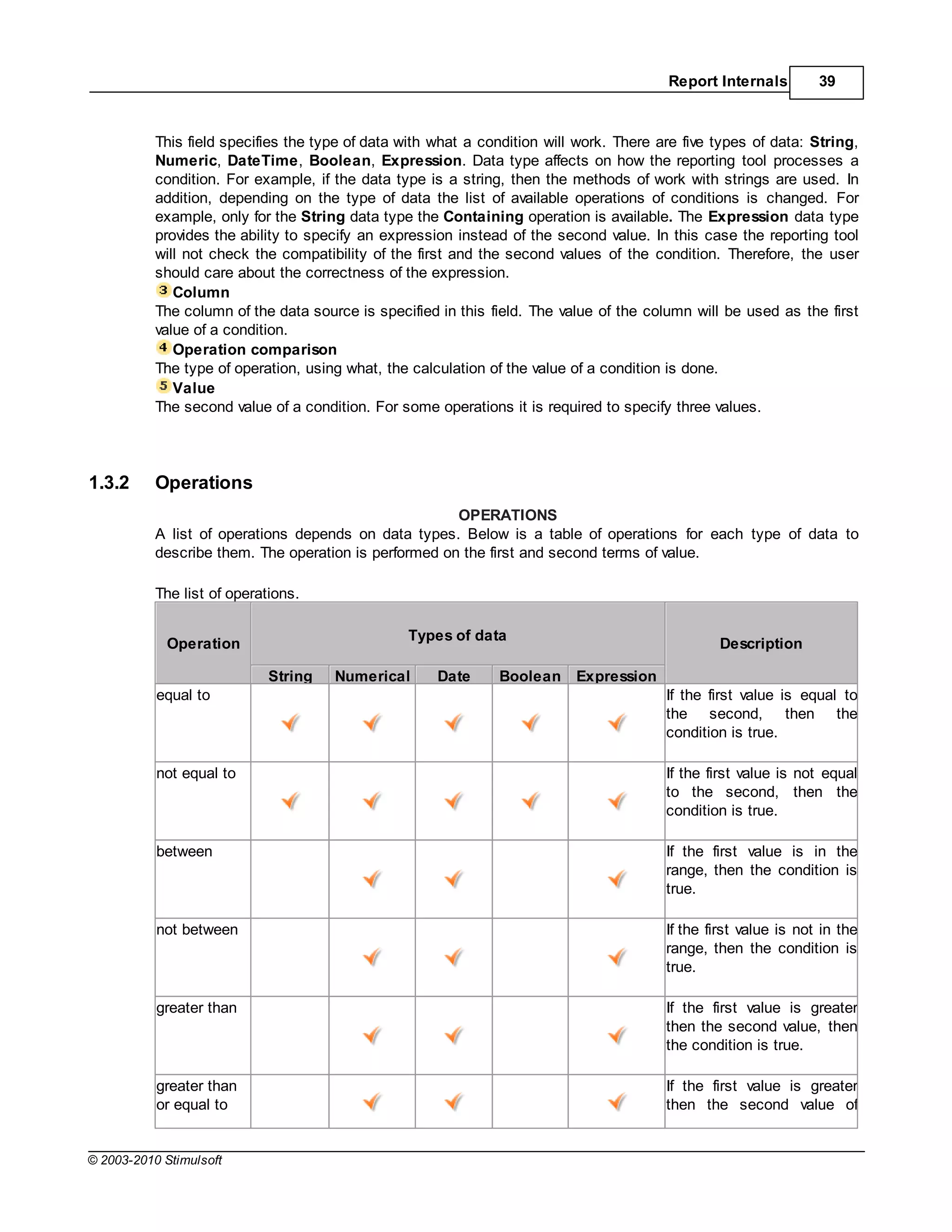 Report Internals         39



           This field specifies the type of data with what a condition will work. There are five types of data: String,
           Numeric, DateTime, Boolean, Expression. Data type affects on how the reporting tool processes a
           condition. For example, if the data type is a string, then the methods of work with strings are used. In
           addition, depending on the type of data the list of available operations of conditions is changed. For
           example, only for the String data type the Containing operation is available. The Expression data type
           provides the ability to specify an expression instead of the second value. In this case the reporting tool
           will not check the compatibility of the first and the second values of the condition. Therefore, the user
           should care about the correctness of the expression.
              Column
           The column of the data source is specified in this field. The value of the column will be used as the first
           value of a condition.
              Operation comparison
           The type of operation, using what, the calculation of the value of a condition is done.
              Value
           The second value of a condition. For some operations it is required to specify three values.




1.3.2      Operations
                                                       OPERATIONS
           A list of operations depends on data types. Below is a table of operations for each type of data to
           describe them. The operation is performed on the first and second terms of value.

           The list of operations.

                                                 Types of data
             Operation                                                                           Description

                             String   Numerical       Date     Boolean     Expression
           equal to                                                                      If the first value is equal to
                                                                                         the second, then the
                                                                                         condition is true.

           not equal to                                                                  If the first value is not equal
                                                                                         to the second, then the
                                                                                         condition is true.

           between                                                                       If the first value is in the
                                                                                         range, then the condition is
                                                                                         true.

           not between                                                                   If the first value is not in the
                                                                                         range, then the condition is
                                                                                         true.

           greater than                                                                  If the first value is greater
                                                                                         then the second value, then
                                                                                         the condition is true.

           greater than                                                                  If the first value is greater
           or equal to                                                                   then the second value of


© 2003-2010 Stimulsoft
 