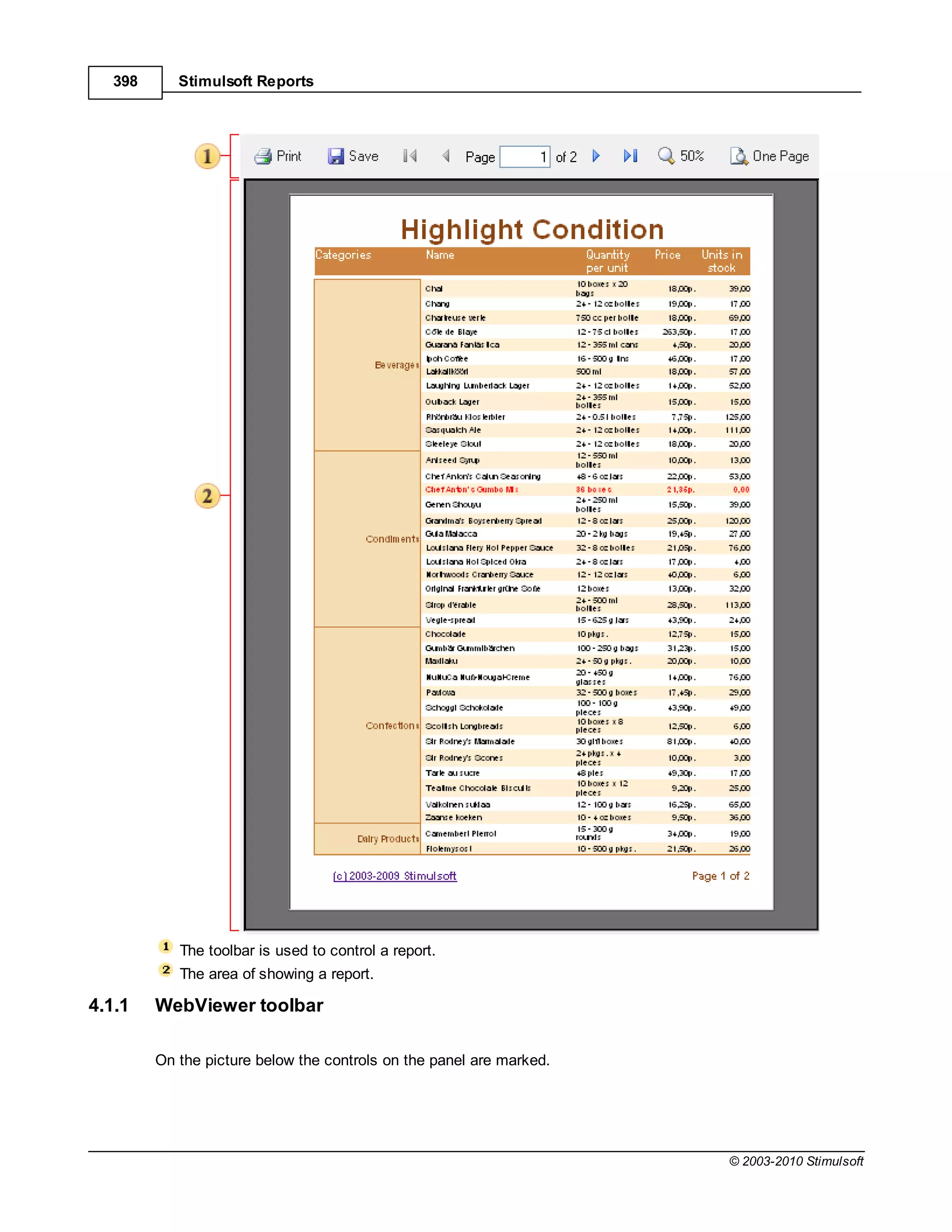 398      Stimulsoft Reports




            The toolbar is used to control a report.
            The area of showing a report.

4.1.1    WebViewer toolbar

         On the picture below the controls on the panel are marked.




                                                                      © 2003-2010 Stimulsoft
 