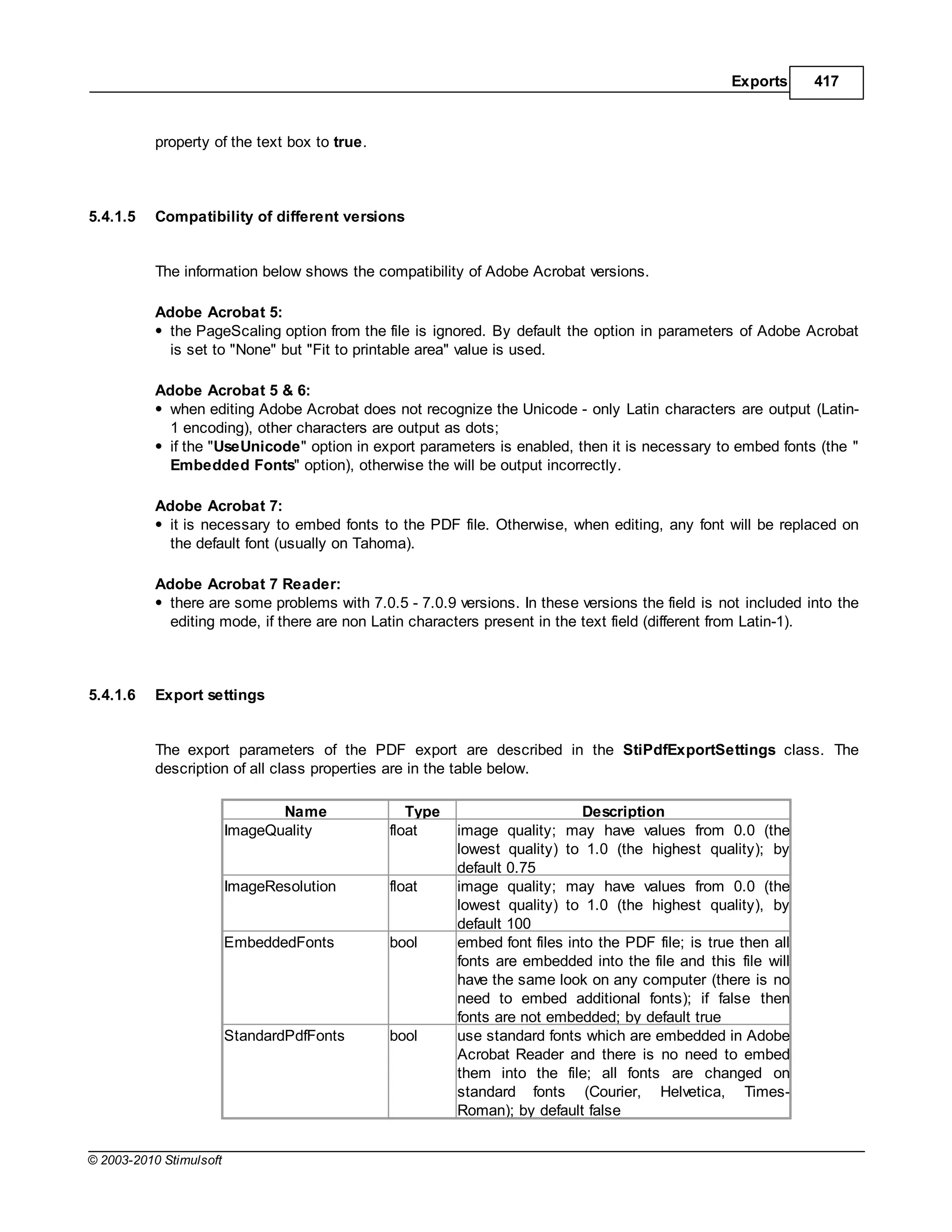 Exports      417



           property of the text box to true.



5.4.1.5    Compatibility of different versions


           The information below shows the compatibility of Adobe Acrobat versions.

           Adobe Acrobat 5:
             the PageScaling option from the file is ignored. By default the option in parameters of Adobe Acrobat
             is set to "None" but "Fit to printable area" value is used.

           Adobe Acrobat 5 & 6:
             when editing Adobe Acrobat does not recognize the Unicode - only Latin characters are output (Latin-
             1 encoding), other characters are output as dots;
             if the "UseUnicode" option in export parameters is enabled, then it is necessary to embed fonts (the "
             Embedded Fonts" option), otherwise the will be output incorrectly.

           Adobe Acrobat 7:
             it is necessary to embed fonts to the PDF file. Otherwise, when editing, any font will be replaced on
             the default font (usually on Tahoma).

           Adobe Acrobat 7 Reader:
             there are some problems with 7.0.5 - 7.0.9 versions. In these versions the field is not included into the
             editing mode, if there are non Latin characters present in the text field (different from Latin-1).



5.4.1.6    Export settings


           The export parameters of the PDF export are described in the StiPdfExportSettings class. The
           description of all class properties are in the table below.

                                Name              Type                       Description
                         ImageQuality          float     image quality; may have values from 0.0 (the
                                                         lowest quality) to 1.0 (the highest quality); by
                                                         default 0.75
                         ImageResolution       float     image quality; may have values from 0.0 (the
                                                         lowest quality) to 1.0 (the highest quality), by
                                                         default 100
                         EmbeddedFonts         bool      embed font files into the PDF file; is true then all
                                                         fonts are embedded into the file and this file will
                                                         have the same look on any computer (there is no
                                                         need to embed additional fonts); if false then
                                                         fonts are not embedded; by default true
                         StandardPdfFonts      bool      use standard fonts which are embedded in Adobe
                                                         Acrobat Reader and there is no need to embed
                                                         them into the file; all fonts are changed on
                                                         standard fonts (Courier, Helvetica, Times-
                                                         Roman); by default false


© 2003-2010 Stimulsoft
 