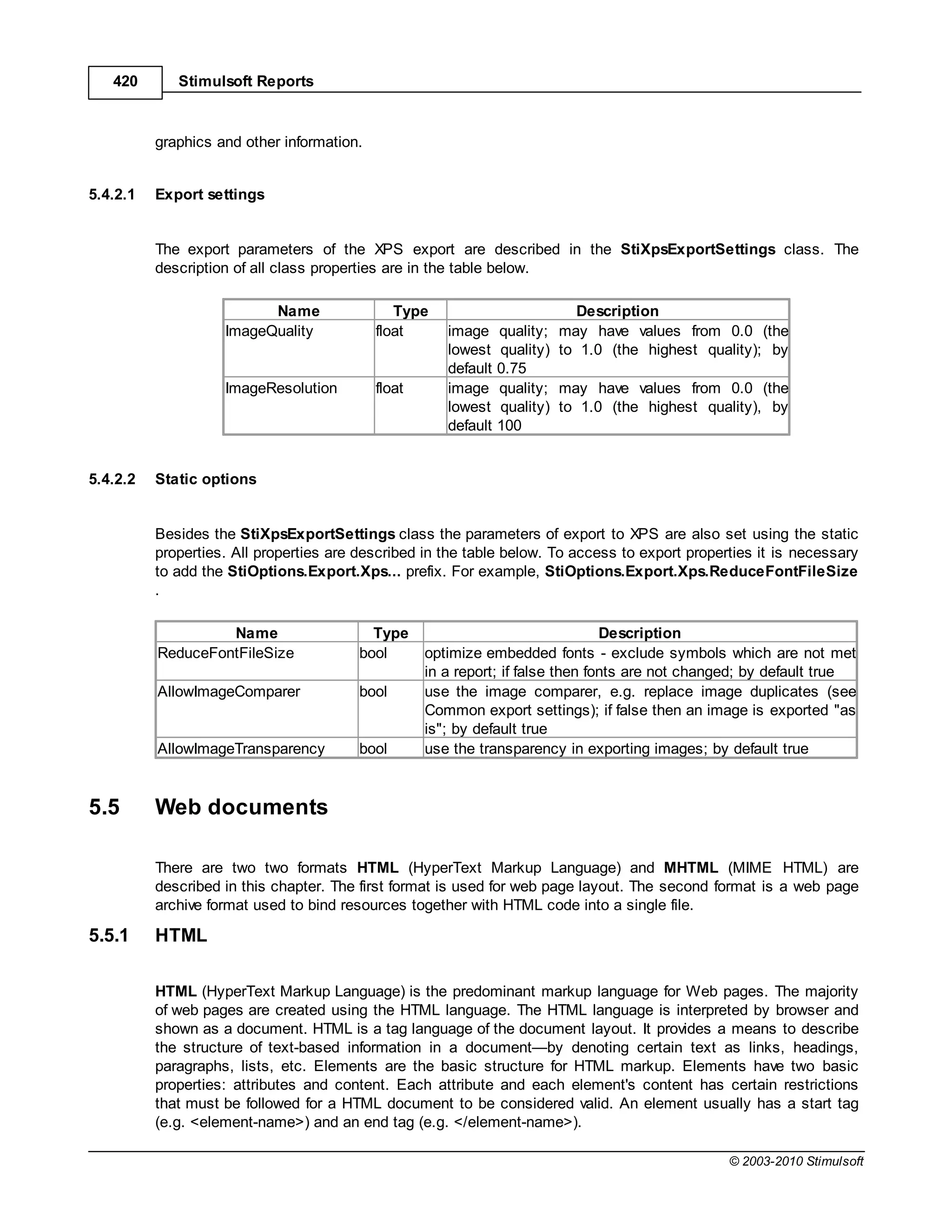 420       Stimulsoft Reports



          graphics and other information.


5.4.2.1   Export settings


          The export parameters of the XPS export are described in the StiXpsExportSettings class. The
          description of all class properties are in the table below.

                          Name                 Type                      Description
                    ImageQuality            float      image quality; may have values from 0.0 (the
                                                       lowest quality) to 1.0 (the highest quality); by
                                                       default 0.75
                    ImageResolution         float      image quality; may have values from 0.0 (the
                                                       lowest quality) to 1.0 (the highest quality), by
                                                       default 100


5.4.2.2   Static options


          Besides the StiXpsExportSettings class the parameters of export to XPS are also set using the static
          properties. All properties are described in the table below. To access to export properties it is necessary
          to add the StiOptions.Export.Xps... prefix. For example, StiOptions.Export.Xps.ReduceFontFileSize
          .

                   Name                    Type                                  Description
          ReduceFontFileSize             bool       optimize embedded fonts - exclude symbols which are not met
                                                    in a report; if false then fonts are not changed; by default true
          AllowImageComparer             bool       use the image comparer, e.g. replace image duplicates (see
                                                    Common export settings); if false then an image is exported "as
                                                    is"; by default true
          AllowImageTransparency         bool       use the transparency in exporting images; by default true


5.5       Web documents

          There are two two formats HTML (HyperText Markup Language) and MHTML (MIME HTML) are
          described in this chapter. The first format is used for web page layout. The second format is a web page
          archive format used to bind resources together with HTML code into a single file.

5.5.1     HTML

          HTML (HyperText Markup Language) is the predominant markup language for Web pages. The majority
          of web pages are created using the HTML language. The HTML language is interpreted by browser and
          shown as a document. HTML is a tag language of the document layout. It provides a means to describe
          the structure of text-based information in a document—by denoting certain text as links, headings,
          paragraphs, lists, etc. Elements are the basic structure for HTML markup. Elements have two basic
          properties: attributes and content. Each attribute and each element's content has certain restrictions
          that must be followed for a HTML document to be considered valid. An element usually has a start tag
          (e.g. <element-name>) and an end tag (e.g. </element-name>).

                                                                                                 © 2003-2010 Stimulsoft
 