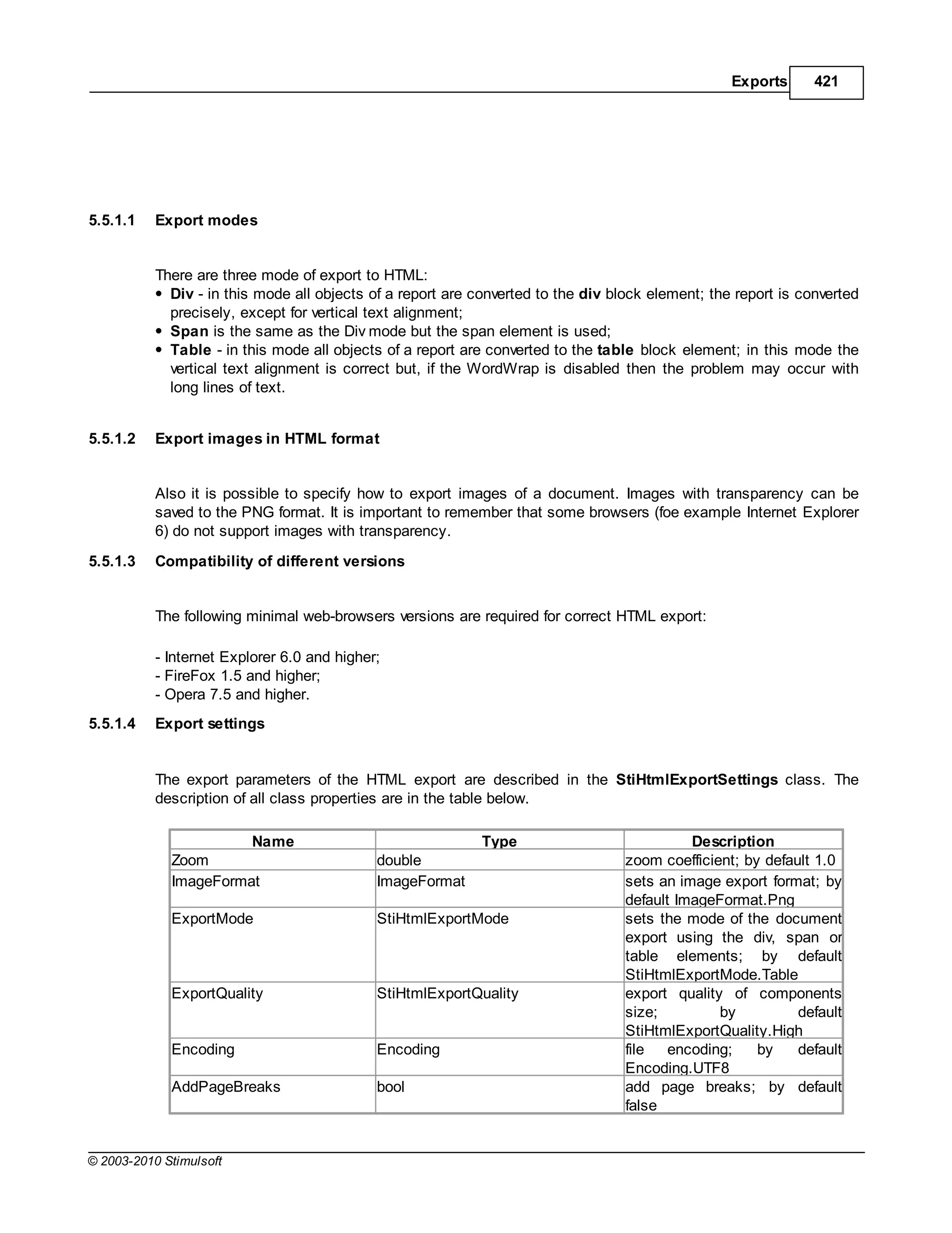 Exports      421




5.5.1.1    Export modes


           There are three mode of export to HTML:
             Div - in this mode all objects of a report are converted to the div block element; the report is converted
             precisely, except for vertical text alignment;
             Span is the same as the Div mode but the span element is used;
             Table - in this mode all objects of a report are converted to the table block element; in this mode the
             vertical text alignment is correct but, if the WordWrap is disabled then the problem may occur with
             long lines of text.


5.5.1.2    Export images in HTML format


           Also it is possible to specify how to export images of a document. Images with transparency can be
           saved to the PNG format. It is important to remember that some browsers (foe example Internet Explorer
           6) do not support images with transparency.
5.5.1.3    Compatibility of different versions


           The following minimal web-browsers versions are required for correct HTML export:

           - Internet Explorer 6.0 and higher;
           - FireFox 1.5 and higher;
           - Opera 7.5 and higher.
5.5.1.4    Export settings


           The export parameters of the HTML export are described in the StiHtmlExportSettings class. The
           description of all class properties are in the table below.

                       Name                                  Type                            Description
             Zoom                            double                                zoom coefficient; by default 1.0
             ImageFormat                     ImageFormat                           sets an image export format; by
                                                                                   default ImageFormat.Png
             ExportMode                      StiHtmlExportMode                     sets the mode of the document
                                                                                   export using the div, span or
                                                                                   table elements; by default
                                                                                   StiHtmlExportMode.Table
             ExportQuality                   StiHtmlExportQuality                  export quality of components
                                                                                   size;         by          default
                                                                                   StiHtmlExportQuality.High
             Encoding                        Encoding                              file   encoding;    by    default
                                                                                   Encoding.UTF8
             AddPageBreaks                   bool                                  add page breaks; by default
                                                                                   false


© 2003-2010 Stimulsoft
 