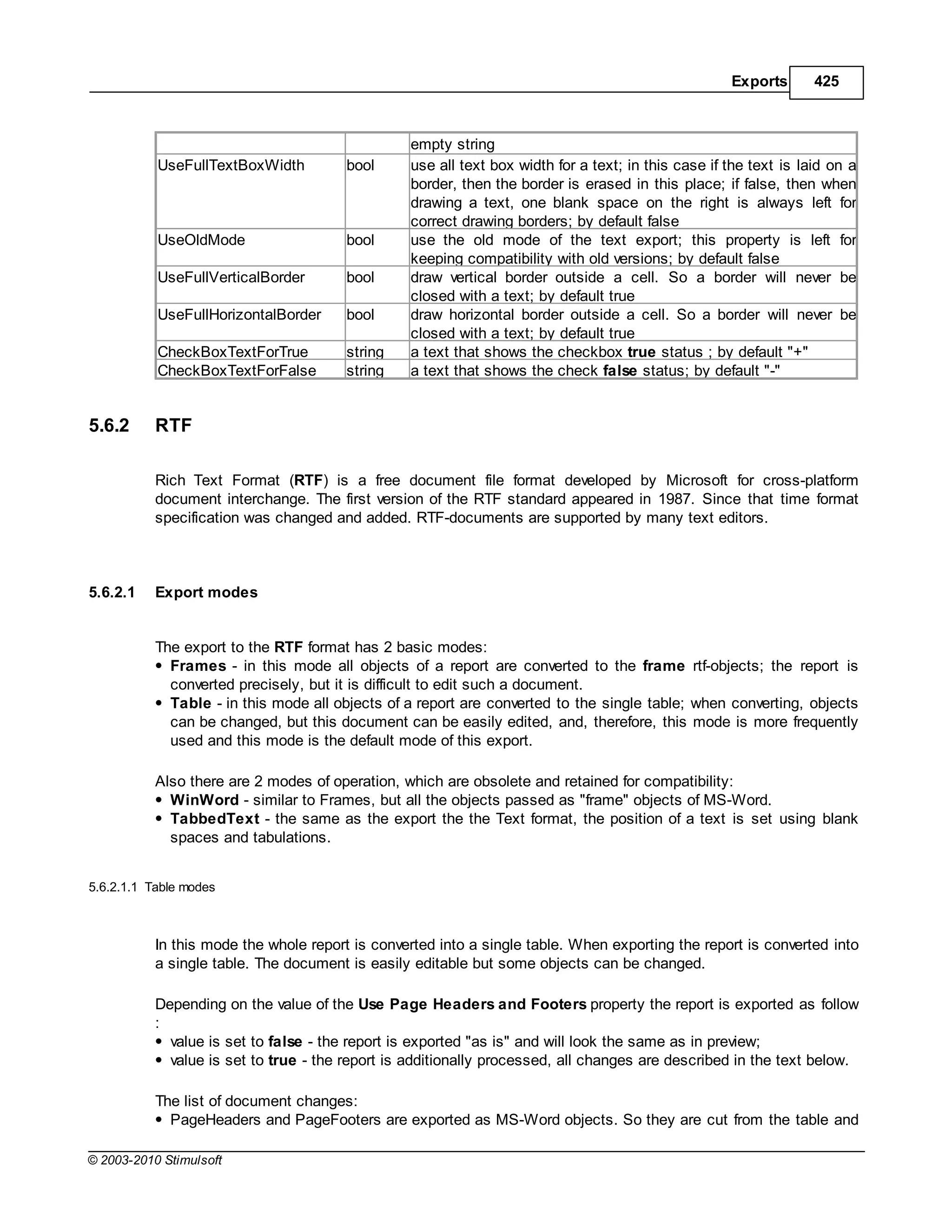 Exports       425



                                                 empty string
           UseFullTextBoxWidth          bool     use all text box width for a text; in this case if the text is laid on a
                                                 border, then the border is erased in this place; if false, then when
                                                 drawing a text, one blank space on the right is always left for
                                                 correct drawing borders; by default false
           UseOldMode                   bool     use the old mode of the text export; this property is left for
                                                 keeping compatibility with old versions; by default false
           UseFullVerticalBorder        bool     draw vertical border outside a cell. So a border will never be
                                                 closed with a text; by default true
           UseFullHorizontalBorder      bool     draw horizontal border outside a cell. So a border will never be
                                                 closed with a text; by default true
           CheckBoxTextForTrue          string   a text that shows the checkbox true status ; by default "+"
           CheckBoxTextForFalse         string   a text that shows the check false status; by default "-"


5.6.2      RTF

           Rich Text Format (RTF) is a free document file format developed by Microsoft for cross-platform
           document interchange. The first version of the RTF standard appeared in 1987. Since that time format
           specification was changed and added. RTF-documents are supported by many text editors.



5.6.2.1    Export modes


           The export to the RTF format has 2 basic modes:
             Frames - in this mode all objects of a report are converted to the frame rtf-objects; the report is
             converted precisely, but it is difficult to edit such a document.
             Table - in this mode all objects of a report are converted to the single table; when converting, objects
             can be changed, but this document can be easily edited, and, therefore, this mode is more frequently
             used and this mode is the default mode of this export.

           Also there are 2 modes of operation, which are obsolete and retained for compatibility:
             WinWord - similar to Frames, but all the objects passed as "frame" objects of MS-Word.
             TabbedText - the same as the export the the Text format, the position of a text is set using blank
             spaces and tabulations.


5.6.2.1.1 Table modes



           In this mode the whole report is converted into a single table. When exporting the report is converted into
           a single table. The document is easily editable but some objects can be changed.

           Depending on the value of the Use Page Headers and Footers property the report is exported as follow
           :
             value is set to false - the report is exported "as is" and will look the same as in preview;
             value is set to true - the report is additionally processed, all changes are described in the text below.

           The list of document changes:
             PageHeaders and PageFooters are exported as MS-Word objects. So they are cut from the table and

© 2003-2010 Stimulsoft
 