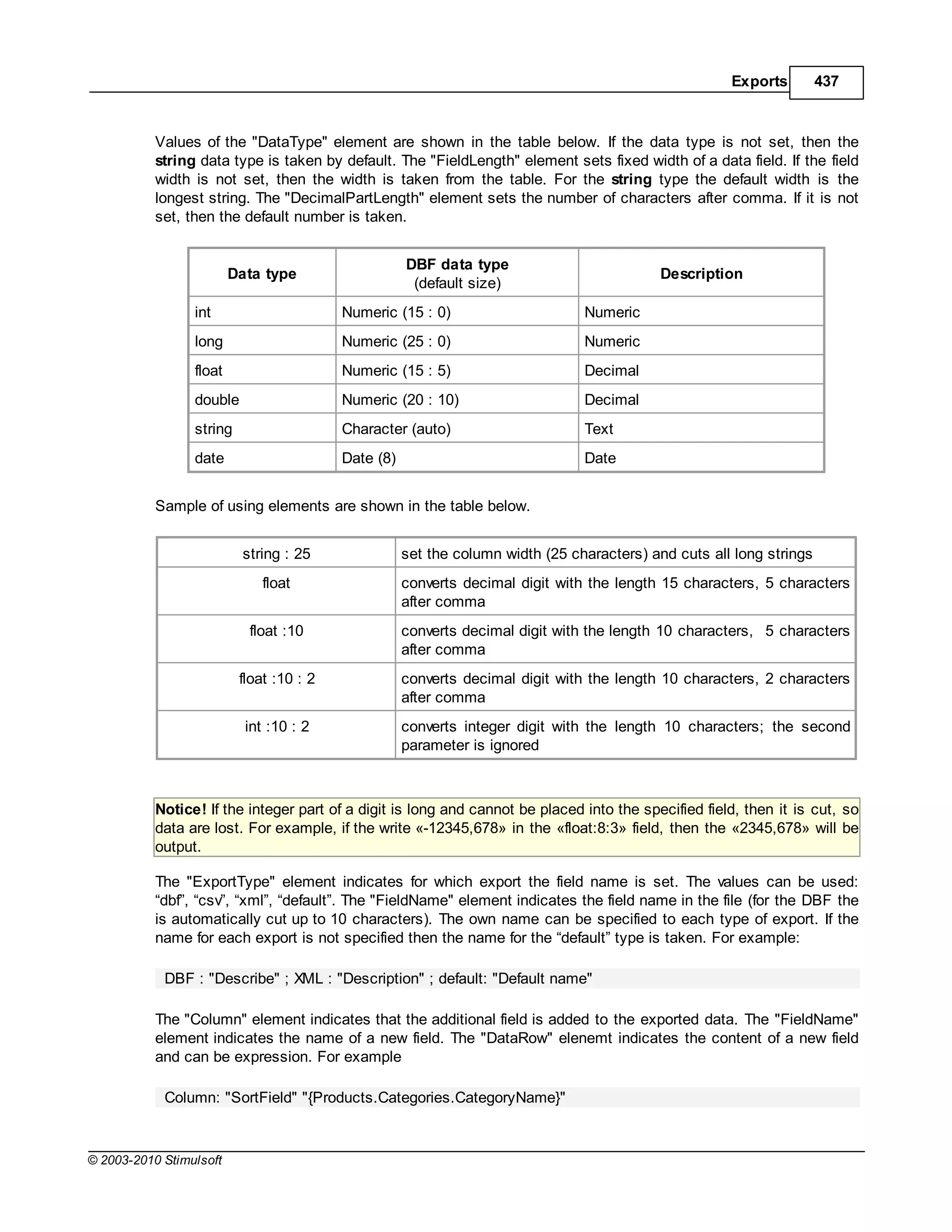 Exports         437



           Values of the "DataType" element are shown in the table below. If the data type is not set, then the
           string data type is taken by default. The "FieldLength" element sets fixed width of a data field. If the field
           width is not set, then the width is taken from the table. For the string type the default width is the
           longest string. The "DecimalPartLength" element sets the number of characters after comma. If it is not
           set, then the default number is taken.


                                                     DBF data type
                         Data type                                                          Description
                                                      (default size)
                 int                      Numeric (15 : 0)                      Numeric
                 long                     Numeric (25 : 0)                      Numeric
                 float                    Numeric (15 : 5)                      Decimal
                 double                   Numeric (20 : 10)                     Decimal
                 string                   Character (auto)                      Text
                 date                     Date (8)                              Date


           Sample of using elements are shown in the table below.


                          string : 25                set the column width (25 characters) and cuts all long strings
                             float                   converts decimal digit with the length 15 characters, 5 characters
                                                     after comma
                           float :10                 converts decimal digit with the length 10 characters, 5 characters
                                                     after comma
                          float :10 : 2              converts decimal digit with the length 10 characters, 2 characters
                                                     after comma
                           int :10 : 2               converts integer digit with the length 10 characters; the second
                                                     parameter is ignored



           Notice! If the integer part of a digit is long and cannot be placed into the specified field, then it is cut, so
           data are lost. For example, if the write «-12345,678» in the «float:8:3» field, then the «2345,678» will be
           output.

           The "ExportType" element indicates for which export the field name is set. The values can be used:
           “dbf”, “csv”, “xml”, “default”. The "FieldName" element indicates the field name in the file (for the DBF the
           is automatically cut up to 10 characters). The own name can be specified to each type of export. If the
           name for each export is not specified then the name for the “default” type is taken. For example:

            DBF : "Describe" ; XML : "Description" ; default: "Default name"

           The "Column" element indicates that the additional field is added to the exported data. The "FieldName"
           element indicates the name of a new field. The "DataRow" elenemt indicates the content of a new field
           and can be expression. For example

            Column: "SortField" "{Products.Categories.CategoryName}"



© 2003-2010 Stimulsoft
 