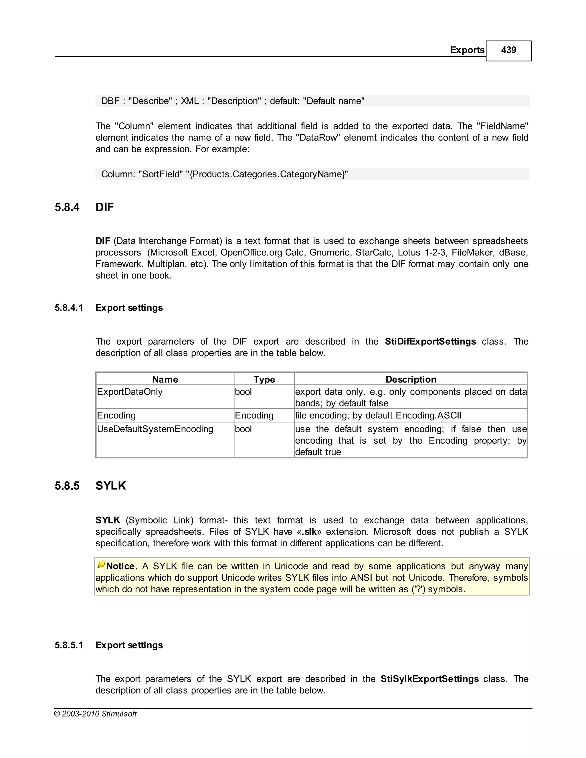 Exports      439




            DBF : "Describe" ; XML : "Description" ; default: "Default name"

           The "Column" element indicates that additional field is added to the exported data. The "FieldName"
           element indicates the name of a new field. The "DataRow" elenemt indicates the content of a new field
           and can be expression. For example:

            Column: "SortField" "{Products.Categories.CategoryName}"


5.8.4      DIF

           DIF (Data Interchange Format) is a text format that is used to exchange sheets between spreadsheets
           processors (Microsoft Excel, OpenOffice.org Calc, Gnumeric, StarCalc, Lotus 1-2-3, FileMaker, dBase,
           Framework, Multiplan, etc). The only limitation of this format is that the DIF format may contain only one
           sheet in one book.


5.8.4.1    Export settings


           The export parameters of the DIF export are described in the StiDifExportSettings class. The
           description of all class properties are in the table below.

                      Name                          Type                          Description
           ExportDataOnly                    bool          export data only. e.g. only components placed on data
                                                           bands; by default false
           Encoding                          Encoding      file encoding; by default Encoding.ASCII
           UseDefaultSystemEncoding          bool          use the default system encoding; if false then use
                                                           encoding that is set by the Encoding property; by
                                                           default true


5.8.5      SYLK

           SYLK (Symbolic Link) format- this text format is used to exchange data between applications,
           specifically spreadsheets. Files of SYLK have «.slk» extension. Microsoft does not publish a SYLK
           specification, therefore work with this format in different applications can be different.

             Notice. A SYLK file can be written in Unicode and read by some applications but anyway many
           applications which do support Unicode writes SYLK files into ANSI but not Unicode. Therefore, symbols
           which do not have representation in the system code page will be written as ('?') symbols.




5.8.5.1    Export settings


           The export parameters of the SYLK export are described in the StiSylkExportSettings class. The
           description of all class properties are in the table below.

© 2003-2010 Stimulsoft
 