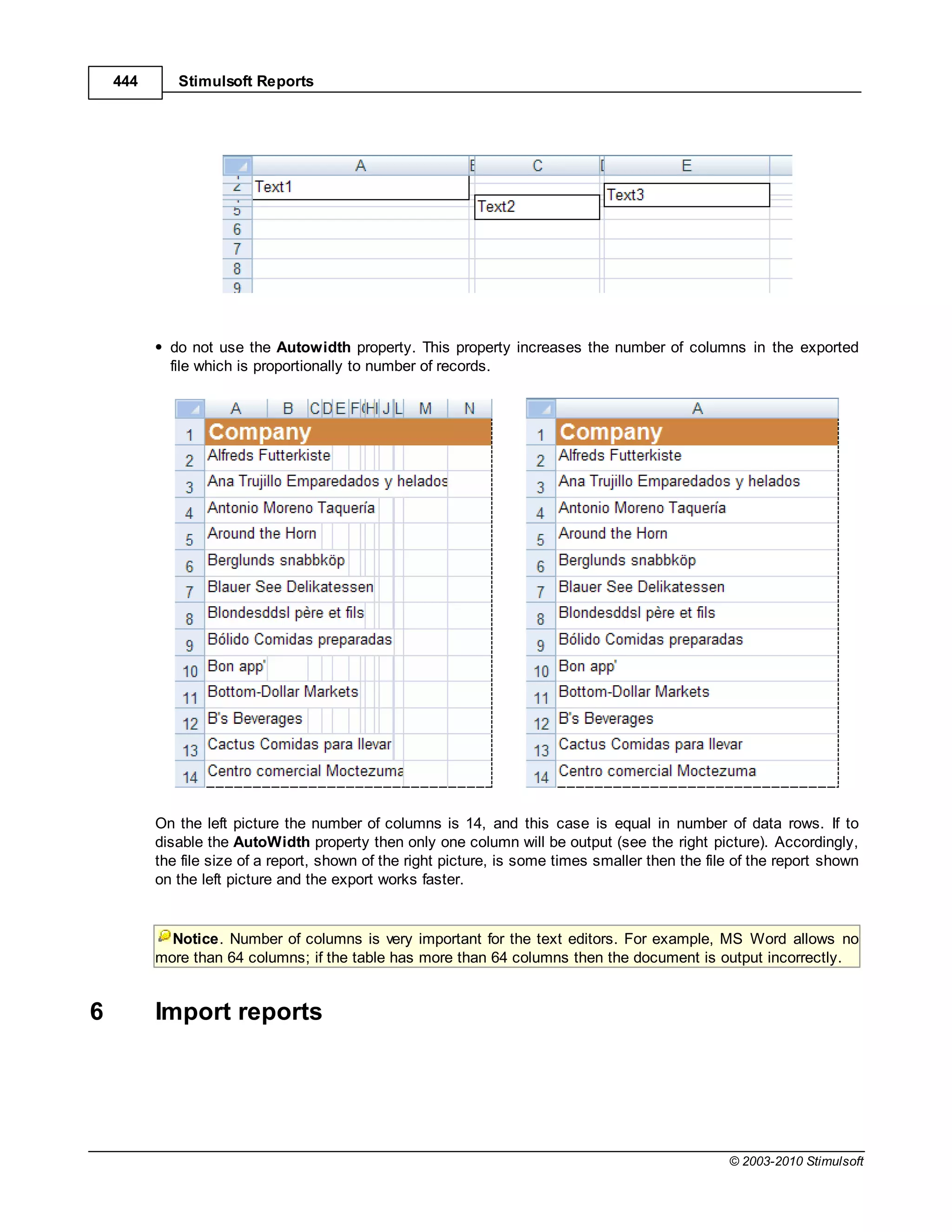 444      Stimulsoft Reports




            do not use the Autowidth property. This property increases the number of columns in the exported
            file which is proportionally to number of records.




          On the left picture the number of columns is 14, and this case is equal in number of data rows. If to
          disable the AutoWidth property then only one column will be output (see the right picture). Accordingly,
          the file size of a report, shown of the right picture, is some times smaller then the file of the report shown
          on the left picture and the export works faster.


            Notice. Number of columns is very important for the text editors. For example, MS Word allows no
          more than 64 columns; if the table has more than 64 columns then the document is output incorrectly.


6         Import reports




                                                                                                   © 2003-2010 Stimulsoft
 