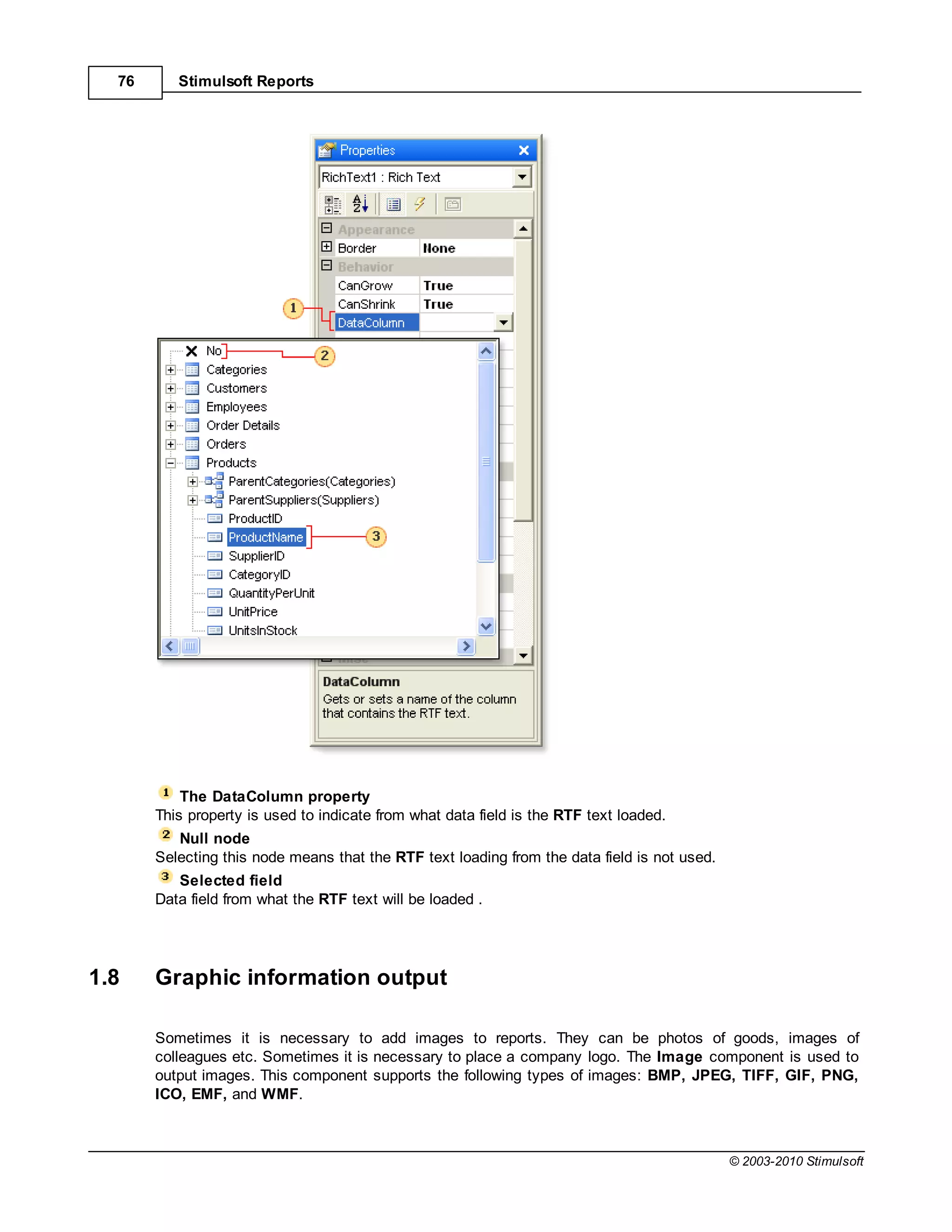 76      Stimulsoft Reports




           The DataColumn property
       This property is used to indicate from what data field is the RTF text loaded.
          Null node
       Selecting this node means that the RTF text loading from the data field is not used.
          Selected field
       Data field from what the RTF text will be loaded .




1.8    Graphic information output

       Sometimes it is necessary to add images to reports. They can be photos of goods, images of
       colleagues etc. Sometimes it is necessary to place a company logo. The Image component is used to
       output images. This component supports the following types of images: BMP, JPEG, TIFF, GIF, PNG,
       ICO, EMF, and WMF.



                                                                                              © 2003-2010 Stimulsoft
 