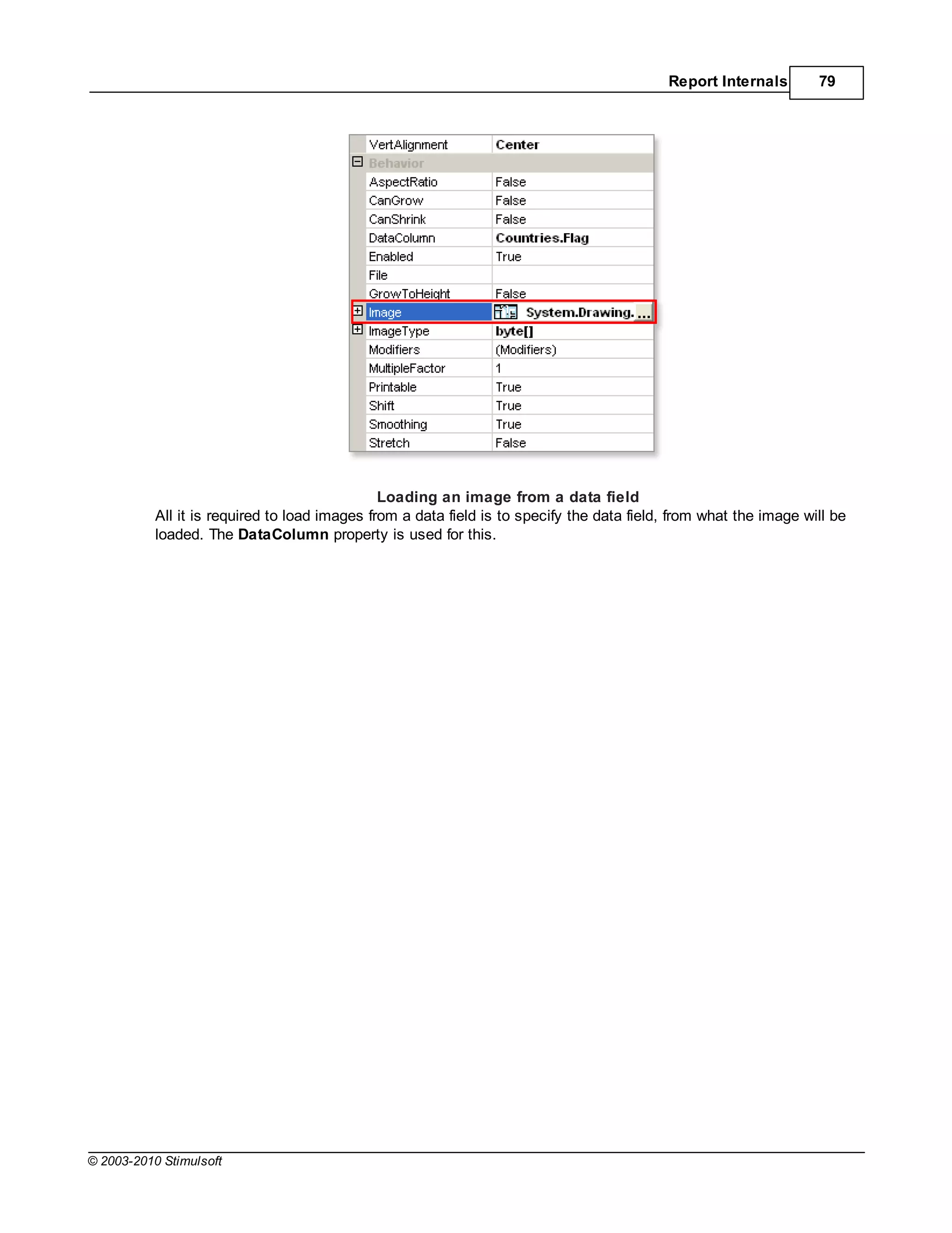 Report Internals        79




                                               Loading an image from a data field
           All it is required to load images from a data field is to specify the data field, from what the image will be
           loaded. The DataColumn property is used for this.




© 2003-2010 Stimulsoft
 