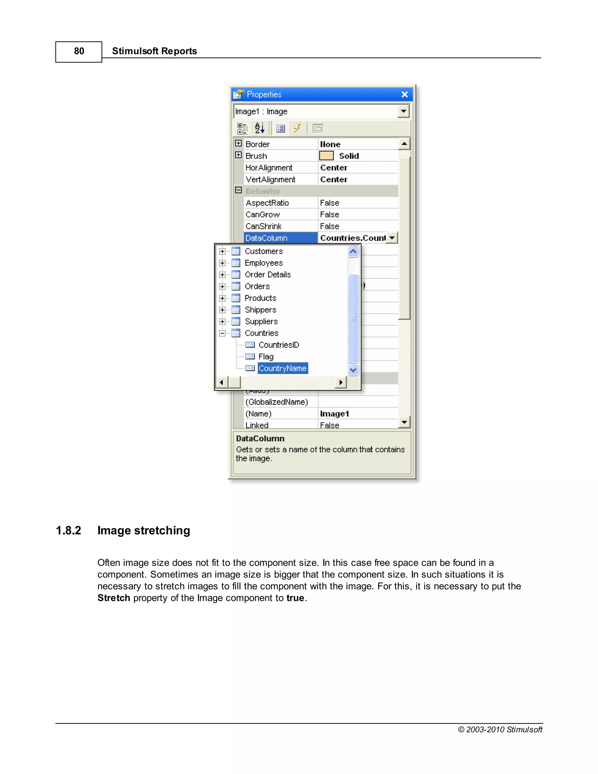 80      Stimulsoft Reports




1.8.2   Image stretching

        Often image size does not fit to the component size. In this case free space can be found in a
        component. Sometimes an image size is bigger that the component size. In such situations it is
        necessary to stretch images to fill the component with the image. For this, it is necessary to put the
        Stretch property of the Image component to true.




                                                                                              © 2003-2010 Stimulsoft
 