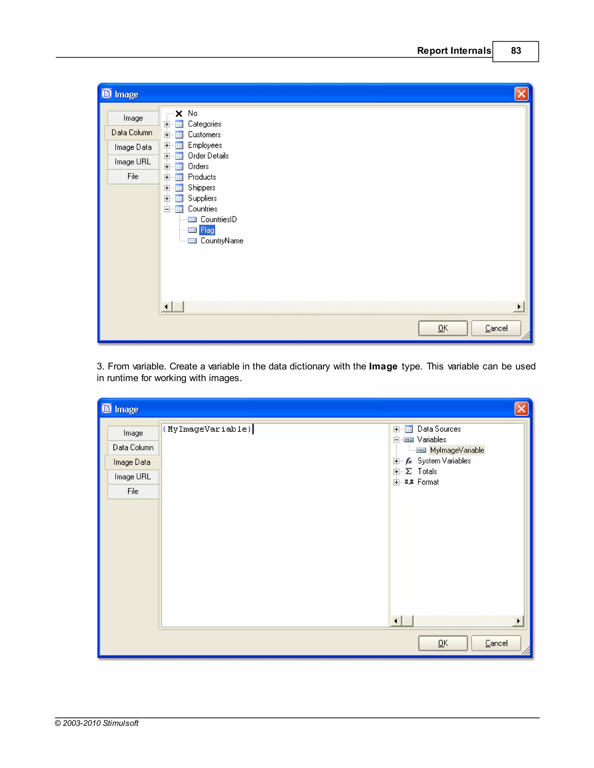 Report Internals       83




           3. From variable. Create a variable in the data dictionary with the Image type. This variable can be used
           in runtime for working with images.




© 2003-2010 Stimulsoft
 