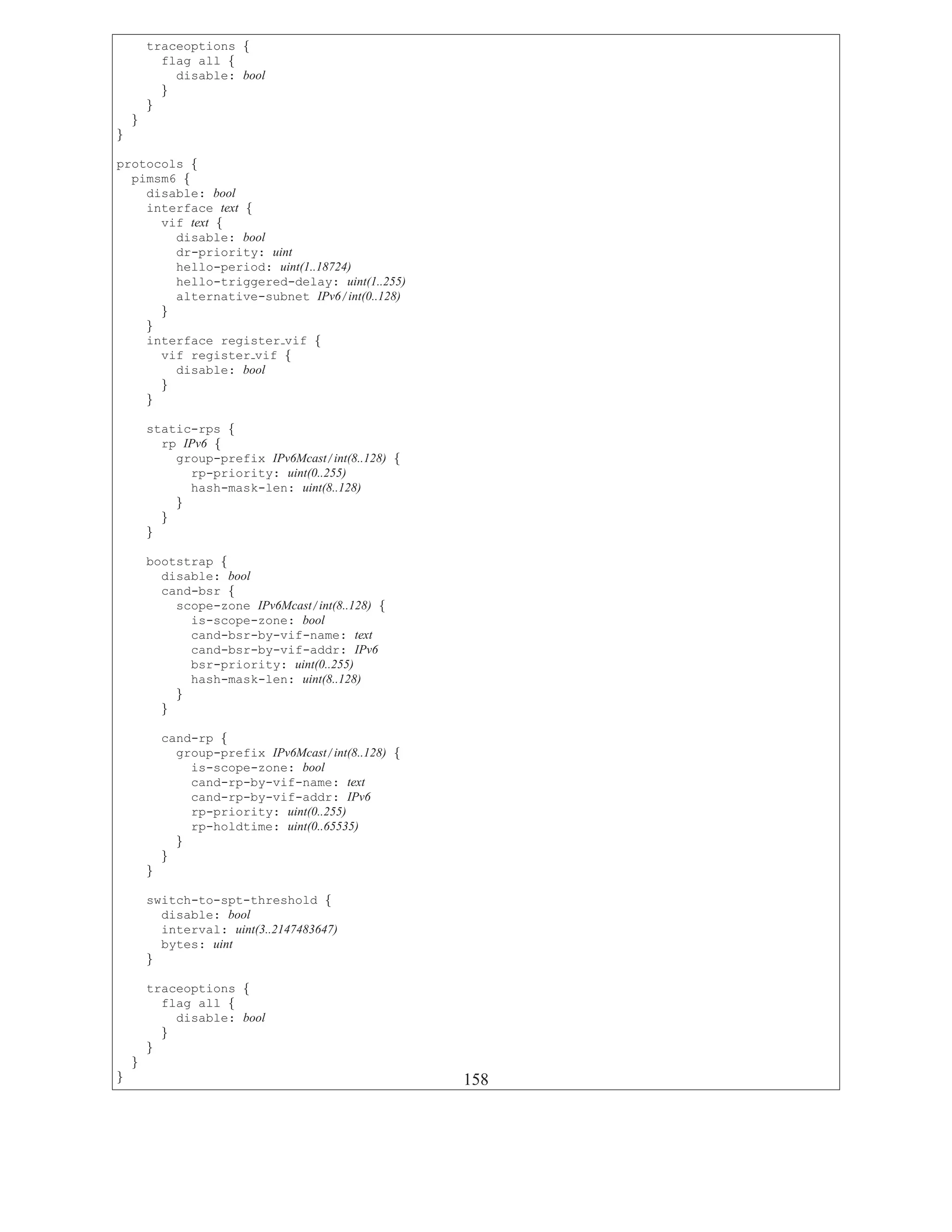 traceoptions {
          flag all {
            disable: bool
          }
        }
    }
}

protocols {
  pimsm6 {
    disable: bool
    interface text {
      vif text {
        disable: bool
        dr-priority: uint
        hello-period: uint(1..18724)
        hello-triggered-delay: uint(1..255)
        alternative-subnet IPv6/int(0..128)
      }
    }
    interface register vif {
      vif register vif {
        disable: bool
      }
    }

        static-rps {
          rp IPv6 {
            group-prefix IPv6Mcast/int(8..128) {
              rp-priority: uint(0..255)
              hash-mask-len: uint(8..128)
            }
          }
        }

        bootstrap {
          disable: bool
          cand-bsr {
            scope-zone IPv6Mcast/int(8..128) {
              is-scope-zone: bool
              cand-bsr-by-vif-name: text
              cand-bsr-by-vif-addr: IPv6
              bsr-priority: uint(0..255)
              hash-mask-len: uint(8..128)
            }
          }

            cand-rp {
              group-prefix IPv6Mcast/int(8..128) {
                is-scope-zone: bool
                cand-rp-by-vif-name: text
                cand-rp-by-vif-addr: IPv6
                rp-priority: uint(0..255)
                rp-holdtime: uint(0..65535)
              }
            }
        }

        switch-to-spt-threshold {
          disable: bool
          interval: uint(3..2147483647)
          bytes: uint
        }

        traceoptions {
          flag all {
            disable: bool
          }
        }
    }
}                                                    158
 