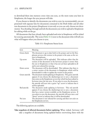 13.1. SIMPLENOTE                                                                             127


to download them into memory every time you sync, so the more notes you have in
Simplenote, the longer the sync process will take.
   If you choose to identify the documents you wish to sync (as recommended), you are
presented with separate lists for documents contained in the Draft folder and all other
text documents in the project (Simplenote is text-only so you can only choose text docu-
ments). You should go through and tick the documents you wish to upload to Simplenote
for editing while on the go.
  All documents that have already been uploaded and exist in Simplenote will be ticked
for syncing automatically. The icons (Table 13.1) next to the document titles will tell you
what will happen when you choose to sync.

                            Table 13.1: Simplenote Status Icons


       Icon             Meaning
       Green check      The document is up to date both in the project and on the Sim-
                        plenote servers—the version in the project is the same as the ver-
                        sion in Simplenote.
       Up arrow         The document will be uploaded. This indicates either that the
                        version of the document in the Scrivener project is newer than
                        the one in Simplenote or that it has not yet been uploaded at all
                        and is now selected for syncing.
       Down arrow       The document will be downloaded. This indicates that there is
                        a newer version of the document in Simplenote which will be
                        downloaded in order to update the version in the project.
       Green asterisk   The document needs updating in Simplenote. This green asterisk
                        appears if you choose (by deselecting) not to sync a document
                        that exists on the Simplenote servers but which has been edited in
                        Scrivener since the last sync. If you select to sync the document,
                        the asterisk will turn into a green “up” arrow to indicate that it
                        will be uploaded.
       Red asterisk     The document needs updating in Scrivener. This red asterisk
                        appears if you choose (by deselecting) not to sync a document
                        that has a newer version available on the Simplenote servers. If
                        you select to sync the document, the asterisk will turn into a red
                        “down” arrow to indicate that it will be downloaded.
       No icon          The document is not selected for syncing and does not exist on
                        the Simplenote servers.

  The following options are available.

Take snapshots of affected documents before updating When ticked, Scrivener will
     take a snapshot of documents being updated before overwriting them with the
 