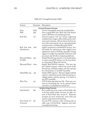 290                                       CHAPTER 23. COMPILING THE DRAFT




                          Table 23.1: Compile Formats Table


      Format            Extension   Description
                              General Purpose Formats
      Print             N/A       Used to immediately print the compiled draft
      PDF               .pdf      Saves a quick PDF; uses “Rich Text with Attach-
                                  ments” (RTFD) as an underlying format.
      Rich Text         .rtf      General purpose rich text format supporting
                                  multiple fonts, images, tables, bullet points, foot-
                                  notes and comments. Almost always the best op-
                                  tion when exporting for use in a general-purpose
                                  word processor, including Microsoft Word.
      Rich Text with    .rtfd     Apple’s proprietary extended RTF format. Use-
      Attachments                 ful mainly for exporting to other Apple Cocoa
                                  applications such as TextEdit, especially if image
                                  support is needed. Incompatible with most word
                                  processors and all other computing platforms.
      Microsoft Word    .doc      Simple Word format exporter. It is usually better
      97–2004                     to export using RTF format—see the note below
                                  on exporting to Word .doc format.
      Microsoft Word    .docx     Simple Word DOCX exporter. This uses Ap-
                                  ple’s default exporter, which loses much of the
                                  formatting, including indents and line spacing.
                                  It is always better to use RTF if possible.
      OpenOfﬁce.org     .odt      Simple ODT exporter. This uses Apple’s default
                                  exporter, which loses much of the formatting, in-
                                  cluding indents and line spacing. It is better to
                                  use RTF if possible.
      Plain Text        .txt      UTF-8 (Unicode) plain-text ﬁle. Plain text con-
                                  tains no formatting but can be opened almost
                                  anywhere, on all platforms and devices.
                                 Scriptwriting Formats
      Final Draft 8     .fdx        For transferring your script to Final Draft, this
                                    is the best option unless you have an older ver-
                                    sion of Final Draft than version 8. Maintains
                                    synopses (as scene summaries), scene titles and
                                    custom script element formatting.
      Final Draft 5–7   .fcf        Use the FCF converter when working with an
      Converter                     older copy of Final Draft. Supports only basic
                                    screenplay formatting.
 