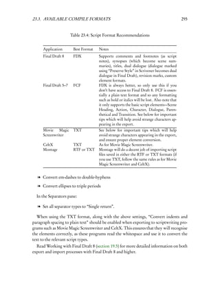 23.3. AVAILABLE COMPILE FORMATS                                                               295


                        Table 23.4: Script Format Recommendations


      Application        Best Format   Notes
      Final Draft 8      FDX           Supports comments and footnotes (as script
                                       notes), synopses (which become scene sum-
                                       maries), titles, dual dialogue (dialogue marked
                                       using “Preserve Style” in Scrivener becomes dual
                                       dialogue in Final Draft), revision marks, custom
                                       element formats.
      Final Draft 5–7    FCF           FDX is always better, so only use this if you
                                       don’t have access to Final Draft 8. FCF is essen-
                                       tially a plain text format and so any formatting
                                       such as bold or italics will be lost. Also note that
                                       it only supports the basic script elements—Scene
                                       Heading, Action, Character, Dialogue, Paren-
                                       thetical and Transition. See below for important
                                       tips which will help avoid strange characters ap-
                                       pearing in the export.
      Movie    Magic     TXT           See below for important tips which will help
      Screenwriter                     avoid strange characters appearing in the export,
                                       and ensure proper element conversion.
      CeltX              TXT           As for Movie Magic Screenwriter.
      Montage            RTF or TXT    Montage will do a decent job of importing script
                                       ﬁles saved in either the RTF or TXT formats (if
                                       you use TXT, follow the same rules as for Movie
                                       Magic Screenwriter and CeltX).


  l Convert em-dashes to double-hyphens

  l Convert ellipses to triple periods

  In the Separators pane:

  l Set all separator types to “Single return”.

   When using the TXT format, along with the above settings, “Convert indents and
paragraph spacing to plain text” should be enabled when exporting to scriptwriting pro-
grams such as Movie Magic Screenwriter and CeltX. This ensures that they will recognise
the elements correctly, as these programs read the whitespace and use it to convert the
text to the relevant script types.
  Read Working with Final Draft 8 (section 19.5) for more detailed information on both
export and import processes with Final Draft 8 and higher.
 