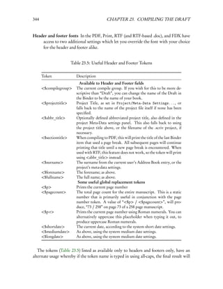 344                                           CHAPTER 23. COMPILING THE DRAFT


Header and footer fonts In the PDF, Print, RTF (and RTF-based .doc), and FDX have
    access to two additional settings which let you override the font with your choice
    for the header and footer alike.


                        Table 23.5: Useful Header and Footer Tokens

      Token                Description
                             Available to Header and Footer ﬁelds
      <$compilegroup>      The current compile group. If you wish for this to be more de-
                           scriptive than “Draft”, you can change the name of the Draft in
                           the Binder to be the name of your book.
      <$projecttitle>      Project Title, as set in Project/Meta-Data Settings..., or
                           falls back to the name of the project ﬁle itself if none has been
                           speciﬁed.
      <$abbr_title>        Optionally deﬁned abbreviated project title, also deﬁned in the
                           project Meta-Data settings panel. This also falls back to using
                           the project title above, or the ﬁlename of the .scriv project, if
                           necessary.
      <$sectiontitle>      When compiling to PDF, this will print the title of the last Binder
                           item that used a page break. All subsequent pages will continue
                           printing that title until a new page break is encountered. When
                           used with RTF, this feature does not work, so the token will print
                           using <abbr_title> instead.
      <$surname>           The surname from the current user’s Address Book entry, or the
                           project’s meta-data settings.
      <$forename>          The forename; as above.
      <$fullname>          The full name; as above.
                            Some useful global replacement tokens
      <$p>                 Prints the current page number
      <$pagecount>         The total page count for the entire manuscript. This is a static
                           number that is primarily useful in conjunction with the page
                           number token. A value of “<$p> / <$pagecount>”, will pro-
                           duce, “73 / 258” on page 73 of a 258 page manuscript.
      <$p-r>               Prints the current page number using Roman numerals. You can
                           alternatively uppercase this placeholder when typing it out, to
                           produce uppercase Roman numerals.
      <$shortdate>         The current date, according to the system short date settings.
      <$mediumdate>        As above, using the system medium date settings.
      <$longdate>          As above, using the system medium date settings.


   The tokens (Table 23.5) listed as available only to headers and footers only, have an
alternate usage whereby if the token name is typed in using all-caps, the ﬁnal result will
 
