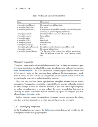 7.6. TEMPLATES                                                                            55


                       Table 7.1: Project Template Placeholders


   Code                          Description
   <$template_ﬁrstName>          First name from Address Book
   <$template_lastName>          Last name
   <$template_fullName>          Combines the ﬁrst and last name for you, ordering them
                                 according to system language preferences.
   <$template_initial>           First letter of ﬁrst name from Address Book
   <$template_street>            Street address
   <$template_city>              City
   <$template_ZIP>               Postal code
   <$template_state>             State or county
   <$template_country>           Country
   <$template_phoneNumber>       First phone number listed in your address card.
   <$template_email>             First e-mail address listed
   <$template_projectName>       The ﬁle name of the project from when it was created.
                                 Note this will not include the “.scriv” portion on the
                                 end.


Updating Templates
To update a template which has already been saved, follow the above instructions to open
it without substituting the placeholders, make any changes you wish, and then choose
File Save As Template.... All of the information from the original template will be ﬁlled
in for you, so you do not have to worry about replicating this information every single
time. If you do not need to make any changes here, just click the OK button and then Yes
to conﬁrm that you wish to update the existing template.
   Note that after you have created a project from a template, the two have no further
connection. Thus, existing projects that you created from a template will not be modiﬁed
to reﬂect changes made to the template. Likewise, if you have created a project purely
to update a template, there is no need to keep the project around after that point, as
allowing the project to auto-save will not automatically update the template; you must
choose Save As Template... again.
  Built-in templates cannot be overwritten. However, you can open them for editing
and then save your modiﬁcations as a new template by giving it a new name.


7.6.3   Managing Templates
In the Template browser window, the Options menu in the bottom left provides the fol-
lowing functions for managing templates:
 