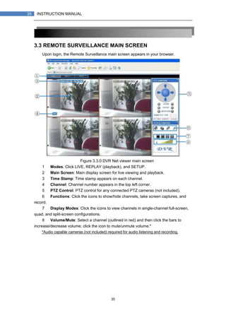 35
35 INSTRUCTION MANUAL
3.3 REMOTE SURVEILLANCE MAIN SCREEN
Upon login, the Remote Surveillance main screen appears in your browser.
Figure 3.3.0 DVR Net viewer main screen
1） Modes: Click LIVE, REPLAY (playback), and SETUP.
2） Main Screen: Main display screen for live viewing and playback.
3） Time Stamp: Time stamp appears on each channel.
4） Channel: Channel number appears in the top left corner.
5） PTZ Control: PTZ control for any connected PTZ cameras (not included).
6） Functions: Click the icons to show/hide channels, take screen captures, and
record.
7） Display Modes: Click the icons to view channels in single-channel full-screen,
quad, and split-screen configurations.
8） Volume/Mute: Select a channel (outlined in red) and then click the bars to
increase/decrease volume; click the icon to mute/unmute volume.*
*Audio capable cameras (not included) required for audio listening and recording.
 