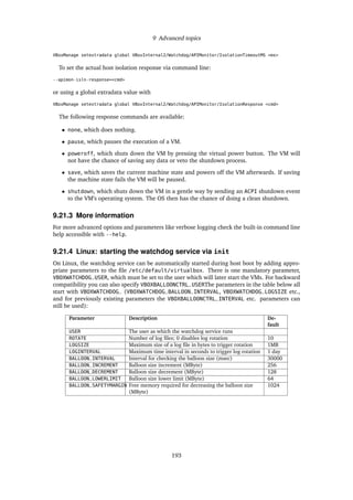 9 Advanced topics
VBoxManage setextradata global VBoxInternal2/Watchdog/APIMonitor/IsolationTimeoutMS <ms>
To set the actual host isolation response via command line:
--apimon-isln-response=<cmd>
or using a global extradata value with
VBoxManage setextradata global VBoxInternal2/Watchdog/APIMonitor/IsolationResponse <cmd>
The following response commands are available:
• none, which does nothing.
• pause, which pauses the execution of a VM.
• poweroff, which shuts down the VM by pressing the virtual power button. The VM will
not have the chance of saving any data or veto the shutdown process.
• save, which saves the current machine state and powers off the VM afterwards. If saving
the machine state fails the VM will be paused.
• shutdown, which shuts down the VM in a gentle way by sending an ACPI shutdown event
to the VM’s operating system. The OS then has the chance of doing a clean shutdown.
9.21.3 More information
For more advanced options and parameters like verbose logging check the built-in command line
help accessible with --help.
9.21.4 Linux: starting the watchdog service via init
On Linux, the watchdog service can be automatically started during host boot by adding appro-
priate parameters to the ﬁle /etc/default/virtualbox. There is one mandatory parameter,
VBOXWATCHDOG_USER, which must be set to the user which will later start the VMs. For backward
compatibility you can also specify VBOXBALLOONCTRL_USERThe parameters in the table below all
start with VBOXWATCHDOG_ (VBOXWATCHDOG_BALLOON_INTERVAL, VBOXWATCHDOG_LOGSIZE etc.,
and for previously existing parameters the VBOXBALLOONCTRL_INTERVAL etc. parameters can
still be used):
Parameter Description De-
fault
USER The user as which the watchdog service runs
ROTATE Number of log ﬁles; 0 disables log rotation 10
LOGSIZE Maximum size of a log ﬁle in bytes to trigger rotation 1MB
LOGINTERVAL Maximum time interval in seconds to trigger log rotation 1 day
BALLOON_INTERVAL Interval for checking the balloon size (msec) 30000
BALLOON_INCREMENT Balloon size increment (MByte) 256
BALLOON_DECREMENT Balloon size decrement (MByte) 128
BALLOON_LOWERLIMIT Balloon size lower limit (MByte) 64
BALLOON_SAFETYMARGIN Free memory required for decreasing the balloon size
(MByte)
1024
193
 