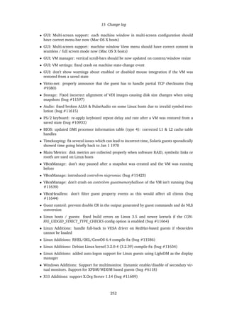 15 Change log
• GUI: Multi-screen support: each machine window in multi-screen conﬁguration should
have correct menu-bar now (Mac OS X hosts)
• GUI: Multi-screen support: machine window View menu should have correct content in
seamless / full screen mode now (Mac OS X hosts)
• GUI: VM manager: vertical scroll-bars should be now updated on content/window resize
• GUI: VM settings: ﬁxed crash on machine state-change event
• GUI: don’t show warnings about enabled or disabled mouse integration if the VM was
restored from a saved state
• Virtio-net: properly announce that the guest has to handle partial TCP checksums (bug
#9380)
• Storage: Fixed incorrect alignment of VDI images causing disk size changes when using
snapshots (bug #11597)
• Audio: ﬁxed broken ALSA & PulseAudio on some Linux hosts due to invalid symbol reso-
lution (bug #11615)
• PS/2 keyboard: re-apply keyboard repeat delay and rate after a VM was restored from a
saved state (bug #10933)
• BIOS: updated DMI processor information table (type 4): corrected L1 & L2 cache table
handles
• Timekeeping: ﬁx several issues which can lead to incorrect time, Solaris guests sporadically
showed time going brieﬂy back to Jan 1 1970
• Main/Metrics: disk metrics are collected properly when software RAID, symbolic links or
rootfs are used on Linux hosts
• VBoxManage: don’t stay paused after a snapshot was created and the VM was running
before
• VBoxManage: introduced controlvm nicpromisc (bug #11423)
• VBoxManage: don’t crash on controlvm guestmemoryballoon of the VM isn’t running (bug
#11639)
• VBoxHeadless: don’t ﬁlter guest property events as this would affect all clients (bug
#11644)
• Guest control: prevent double CR in the output generated by guest commands and do NLS
conversion
• Linux hosts / guests: ﬁxed build errors on Linux 3.5 and newer kernels if the CON-
FIG_UIDGID_STRICT_TYPE_CHECKS conﬁg option is enabled (bug #11664)
• Linux Additions: handle fall-back to VESA driver on RedHat-based guests if vboxvideo
cannot be loaded
• Linux Additions: RHEL/OEL/CentOS 6.4 compile ﬁx (bug #11586)
• Linux Additions: Debian Linux kernel 3.2.0-4 (3.2.39) compile ﬁx (bug #11634)
• Linux Additions: added auto-logon support for Linux guests using LightDM as the display
manager
• Windows Additions: Support for multimonitor. Dynamic enable/disable of secondary vir-
tual monitors. Support for XPDM/WDDM based guests (bug #6118)
• X11 Additions: support X.Org Server 1.14 (bug #11609)
252
 