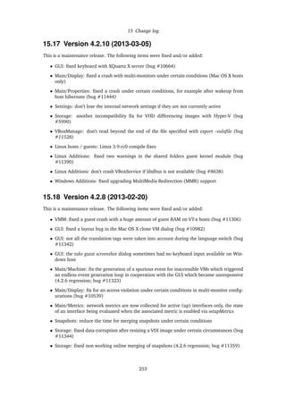 15 Change log
15.17 Version 4.2.10 (2013-03-05)
This is a maintenance release. The following items were ﬁxed and/or added:
• GUI: ﬁxed keyboard with XQuartz X server (bug #10664)
• Main/Display: ﬁxed a crash with multi-monitors under certain conditions (Mac OS X hosts
only)
• Main/Properties: ﬁxed a crash under certain conditions, for example after wakeup from
host hibernate (bug #11444)
• Settings: don’t lose the internal network settings if they are not currently active
• Storage: another incompatibility ﬁx for VHD differencing images with Hyper-V (bug
#5990)
• VBoxManage: don’t read beyond the end of the ﬁle speciﬁed with export –eulaﬁle (bug
#11528)
• Linux hosts / guests: Linux 3.9-rc0 compile ﬁxes
• Linux Additions: ﬁxed two warnings in the shared folders guest kernel module (bug
#11390)
• Linux Additions: don’t crash VBoxService if libdbus is not available (bug #8638)
• Windows Additions: ﬁxed upgrading MultiMedia Redirection (MMR) support
15.18 Version 4.2.8 (2013-02-20)
This is a maintenance release. The following items were ﬁxed and/or added:
• VMM: ﬁxed a guest crash with a huge amount of guest RAM on VT-x hosts (bug #11306)
• GUI: ﬁxed a layout bug in the Mac OS X clone VM dialog (bug #10982)
• GUI: not all the translation tags were taken into account during the language switch (bug
#11342)
• GUI: the take guest screenshot dialog sometimes had no keyboard input available on Win-
dows host
• Main/Machine: ﬁx the generation of a spurious event for inaccessible VMs which triggered
an endless event generation loop in cooperation with the GUI which became unresponsive
(4.2.6 regression; bug #11323)
• Main/Display: ﬁx for an access violation under certain conditions in multi-monitor conﬁg-
urations (bug #10539)
• Main/Metrics: network metrics are now collected for active (up) interfaces only, the state
of an interface being evaluated when the associated metric is enabled via setupMetrics
• Snapshots: reduce the time for merging snapshots under certain conditions
• Storage: ﬁxed data corruption after resizing a VDI image under certain circumstances (bug
#11344)
• Storage: ﬁxed non working online merging of snapshots (4.2.6 regression; bug #11359)
253
 