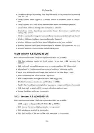15 Change log
• Linux hosts / Bridged Networking: ﬁxed the problem with leaking connections in conntrack
(bug #11178)
• Linux Additions: added support for ConsoleKit sessions in the vminfo service of VBoxSer-
vice
• Linux Additions: don’t crash during remount under certain conditions (bug #11291)
• Linux/Solaris Additions: ﬁxed guest memory metrics collection
• Solaris hosts: added a dependency to ensure that the user directories are reachable when
starting VBox services
• Windows host installer: integrated user-contributed translations, thanks to all contributors!
• Windows Additions: ﬁxed auto-logon installation for Windows 8
• Windows Additions: don’t fail if the shared folders host service is not available
• Windows Additions: ﬁxed Guest Additions startup on Windows 2000 guests (bug #11253)
• Windows Additions: auto-resize ﬁxes for Windows 8 guests
15.20 Version 4.2.4 (2012-10-26)
This is a maintenance release. The following items were ﬁxed and/or added:
• GUI: ﬁxed validation warning on global settings / proxy page (4.2.2 regression; bug
#11089)
• GUI: ﬁxed crash with multiple guest screens on certain conditions (OS X hosts only)
• VBoxBalloonCtrl: ﬁxed command line argument handling of ballooning module
• VRDP: ﬁxed occasional crash during a video playback in the guest (bug #11082)
• BIOS: ﬁxed broken DMI information (4.2 regression)
• BIOS: workaround for booting from Windows 2000 ﬂoppy disks
• EFI: ﬁxed video mode selection loss on VM reboot (#10983)
• Parallel: ﬁxed parallel port printing failure/ paper queue empty error (Windows hosts only)
• NAT: ﬁxed crash on alias-less DNS responses when host-resolver is used
• Storage: ﬁxed hang under rare circumstances
15.21 Version 4.2.2 (2012-10-18)
This is a maintenance release. The following items were ﬁxed and/or added:
• VMM: adapted to changes in Mac OS X 10.8.2 (bug #10965)
• GUI: restored VM item tool-tip functionality (4.2 regression)
• GUI: added group item tool-tip functionality
• GUI: ﬁxed handling of the .ova/.ovf ﬁle name association (4.2 regression)
256
 