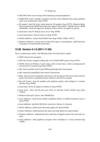 15 Change log
• OVF/OVA: better error message when importing corrupted appliances
• VMDK/VHD: ﬁxed a possible corruption with host cache disabled when using snapshots
under rare circumstances (bug #9749)
• 3D support: ﬁxed full screen mode issues for ATI graphics (bug #9775), Windows Media
Player rendering for XPDM-based Direct3D support (bug #8341). Multiple ﬁxes to XPDM
and WDDM - based 3D support for Windows Guests and for 3D support in general
• Linux hosts: ﬁxes for Fedoras Linux 2.6.41 (bug #9948)
• Linux hosts/guests: ﬁxes for Linux 3.2 (bug #9743)
• Solaris Additions: various shared folder ﬁxes (bugs #9856, #9862, #9917)
• Windows Additions: various ﬁxes for Direct3D support (un)installation, added detection
of missing or wrong Direct3D system ﬁles
15.29 Version 4.1.6 (2011-11-04)
This is a maintenance release. The following items were ﬁxed and/or added:
• VRDP: ﬁxed screen corruption
• NAT: the interface stopped working after a lot of failed ICMP requests (bug #9371)
• E1000: ﬁxed rare Windows 7 guest hangs, either at boot time or when reconﬁguring the
network card in unusual setups (bug #6223)
• ATA: ﬁxed a possible crash during ATAPI passthrough with certain guests
• ATA: improved compatibility with ancient Linux kernels
• Main: ﬁxed incorrect framebuffer information after leaving the full screen mode with X11
guests, this lead to a scrambled preview window in the GUI for example
• Mac OS X hosts: ﬁxed the problem with duplicate packets when bridged to a wireless
interface (bug #9648)
• Linux hosts: ﬁx for 3D support on Fedora 15 (bug #9799)
• Linux hosts: don’t call del_timer_sync from an interrupt context (Fedora bug report
746331)
• Windows Vista and 7 guests: more WDDM ﬁxes
• Linux Additions: ﬁxed kernel module compilation failure on Redhat Enterprise Linux 4
(bug #9709)
• Linux Additions: install the DRI driver correctly on Ubuntu 11.10 guests
• Solaris Additions: added read-only mmap support for shared folders
• Solaris Additions: added directory, ﬁle mode and mask options for shared folders
• Windows Additions: implemented faster detection of logged-in guest users and stale ses-
sions
• X.Org Additions: ﬁxed graphical corruption when switching to a virtual terminal (bug
#9490)
264
 