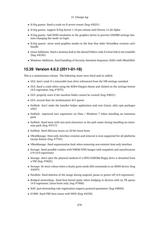 15 Change log
• X.Org guests: ﬁxed a crash on X server restart (bug #8231)
• X.Org guests: support X.Org Server 1.10 pre-release and Ubuntu 11.04 Alpha
• X.Org guests: Add EDID emulation in the graphics driver to prevent GNOME settings dae-
mon changing the mode on login
• X.Org guests: never send graphics modes to the host that older VirtualBox versions can’t
handle
• Linux Additions: ﬁxed a memory leak in the shared folders code if a host link is not readable
(bug #8185)
• Windows Additions: ﬁxed handling of Security Attention Sequence (SAS) with VBoxGINA
15.39 Version 4.0.2 (2011-01-18)
This is a maintenance release. The following items were ﬁxed and/or added:
• GUI: don’t crash if a removable host drive referenced from the VM settings vanished
• GUI: ﬁxed a crash when using the KDE4 Oxygen theme and clicked on the settings button
(4.0 regression; bug #7875)
• GUI: properly warn if the machine folder cannot be created (bug #8031)
• GUI: several ﬁxes for multimonitor X11 guests
• ExtPack: don’t make the installer helper application suid root (Linux .deb/.rpm packages
only)
• ExtPack: improved user experience on Vista / Windows 7 when installing an extension
pack
• ExtPack: ﬁxed issue with non-ascii characters in the path name during installing an exten-
sion pack (bug #9717)
• ExtPack: ﬁxed SELinux issues on 32-bit Linux hosts
• VBoxManage: Host-only interface creation and removal is now supported for all platforms
except Solaris (bug #7741)
• VBoxManage: ﬁxed segmentation fault when removing non-existent host-only interface
• Storage: ﬁxed possible crashes with VMDK/VHD images with snapshots and asynchronous
I/O (4.0 regression)
• Storage: don’t eject the physical medium if a DVD/CDROM/ﬂoppy drive is detached from
a VM (bug #5825)
• Storage: be more robust when a faulty guest sends ATA commands to an ATAPI device (bug
#6597)
• Parallels: ﬁxed deletion of the image during suspend, pause or power off (4.0 regression)
• Bridged networking: ﬁxed host kernel panic when bridging to devices with no TX queue
(4.0 regression; Linux hosts only; bug #7908)
• NAT: port-forwarding rule registration respects protocol parameter (bug #8094)
• E1000: ﬁxed PXE boot issues with WDS (bug #6330)
278
 