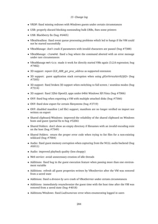 15 Change log
• VRDP: ﬁxed missing redraws with Windows guests under certain circumstances
• USB: properly discard blocking outstanding bulk URBs, ﬁxes some printers
• USB: Blackberry ﬁx (bug #6465)
• VBoxHeadless: ﬁxed event queue processing problems which led to hangs if the VM could
not be started successfully
• VBoxManage: don’t crash if parameters with invalid characters are passed (bug #7388)
• VBoxManage: clonehd: ﬁxed a bug where the command aborted with an error message
under rare circumstances
• VBoxManage metrics: made it work for directly started VMs again (3.2.8 regression; bug
#7482)
• 3D support: report GLX_ARB_get_proc_address as supported extension
• 3D support: guest application stack corruption when using glGetVertexAttrib[ifd]v (bug
#7395)
• 3D support: ﬁxed broken 3D support when switching to full screen / seamless modes (bug
#7314)
• 3D support: ﬁxed 32bit OpenGL apps under 64bit Windows XP/Vista (bug #7066)
• OVF: ﬁxed bug when exporting a VM with multiple attached disks (bug #7366)
• OVF: ﬁxed slow export for certain ﬁlesystems (bug #3719)
• OVF: disabled manifest (.mf ﬁle) support; manifests are no longer veriﬁed on import nor
written on export
• Shared clipboard/Windows: improved the reliability of the shared clipboard on Windows
hosts and guest (partial ﬁx to bug #5266)
• Shared Folders: don’t show an empty directory if ﬁlenames with an invalid encoding exist
on the host (bug #7349)
• Shared Folders: return the proper error code when trying to list ﬁles for a non-existing
wildcard (bug #7004)
• Audio: ﬁxed guest memory corruption when capturing from the NULL audio backend (bug
#6911)
• Audio: improved playback quality (less choppy)
• Web service: avoid unnecessary creation of idle threads
• Additions: ﬁxed bug in the guest execution feature when passing more than one environ-
ment variable
• Additions: refresh all guest properties written by VBoxService after the VM was restored
from a saved state
• Additions: ﬁxed a division by zero crash of VBoxService under certain circumstances
• Additions: immediately resynchronize the guest time with the host time after the VM was
restored from a saved state (bug #4018)
• Additions/Windows: ﬁxed LsaEnumerate error when enumerating logged in users
284
 
