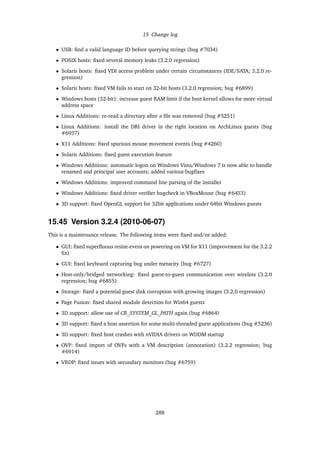 15 Change log
• USB: ﬁnd a valid language ID before querying strings (bug #7034)
• POSIX hosts: ﬁxed several memory leaks (3.2.0 regression)
• Solaris hosts: ﬁxed VDI access problem under certain circumstances (IDE/SATA; 3.2.0 re-
gression)
• Solaris hosts: ﬁxed VM fails to start on 32-bit hosts (3.2.0 regression; bug #6899)
• Windows hosts (32-bit): increase guest RAM limit if the host kernel allows for more virtual
address space
• Linux Additions: re-read a directory after a ﬁle was removed (bug #5251)
• Linux Additions: install the DRI driver in the right location on ArchLinux guests (bug
#6937)
• X11 Additions: ﬁxed spurious mouse movement events (bug #4260)
• Solaris Additions: ﬁxed guest execution feature
• Windows Additions: automatic logon on Windows Vista/Windows 7 is now able to handle
renamed and principal user accounts; added various bugﬁxes
• Windows Additions: improved command line parsing of the installer
• Windows Additions: ﬁxed driver veriﬁer bugcheck in VBoxMouse (bug #6453)
• 3D support: ﬁxed OpenGL support for 32bit applications under 64bit Windows guests
15.45 Version 3.2.4 (2010-06-07)
This is a maintenance release. The following items were ﬁxed and/or added:
• GUI: ﬁxed superﬂuous resize-event on powering-on VM for X11 (improvement for the 3.2.2
ﬁx)
• GUI: ﬁxed keyboard capturing bug under metacity (bug #6727)
• Host-only/bridged networking: ﬁxed guest-to-guest communication over wireless (3.2.0
regression; bug #6855)
• Storage: ﬁxed a potential guest disk corruption with growing images (3.2.0 regression)
• Page Fusion: ﬁxed shared module detection for Win64 guests
• 3D support: allow use of CR_SYSTEM_GL_PATH again (bug #6864)
• 3D support: ﬁxed a host assertion for some multi-threaded guest applications (bug #5236)
• 3D support: ﬁxed host crashes with nVIDIA drivers on WDDM startup
• OVF: ﬁxed import of OVFs with a VM description (annotation) (3.2.2 regression; bug
#6914)
• VRDP: ﬁxed issues with secondary monitors (bug #6759)
288
 