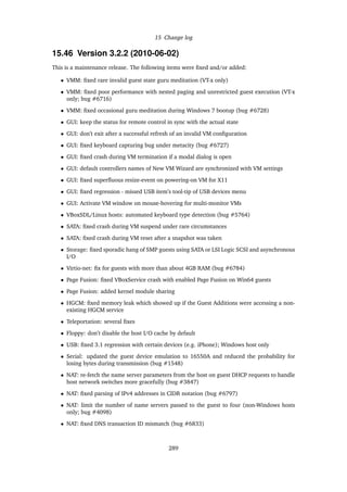 15 Change log
15.46 Version 3.2.2 (2010-06-02)
This is a maintenance release. The following items were ﬁxed and/or added:
• VMM: ﬁxed rare invalid guest state guru meditation (VT-x only)
• VMM: ﬁxed poor performance with nested paging and unrestricted guest execution (VT-x
only; bug #6716)
• VMM: ﬁxed occasional guru meditation during Windows 7 bootup (bug #6728)
• GUI: keep the status for remote control in sync with the actual state
• GUI: don’t exit after a successful refresh of an invalid VM conﬁguration
• GUI: ﬁxed keyboard capturing bug under metacity (bug #6727)
• GUI: ﬁxed crash during VM termination if a modal dialog is open
• GUI: default controllers names of New VM Wizard are synchronized with VM settings
• GUI: ﬁxed superﬂuous resize-event on powering-on VM for X11
• GUI: ﬁxed regression - missed USB item’s tool-tip of USB devices menu
• GUI: Activate VM window on mouse-hovering for multi-monitor VMs
• VBoxSDL/Linux hosts: automated keyboard type detection (bug #5764)
• SATA: ﬁxed crash during VM suspend under rare circumstances
• SATA: ﬁxed crash during VM reset after a snapshot was taken
• Storage: ﬁxed sporadic hang of SMP guests using SATA or LSI Logic SCSI and asynchronous
I/O
• Virtio-net: ﬁx for guests with more than about 4GB RAM (bug #6784)
• Page Fusion: ﬁxed VBoxService crash with enabled Page Fusion on Win64 guests
• Page Fusion: added kernel module sharing
• HGCM: ﬁxed memory leak which showed up if the Guest Additions were accessing a non-
existing HGCM service
• Teleportation: several ﬁxes
• Floppy: don’t disable the host I/O cache by default
• USB: ﬁxed 3.1 regression with certain devices (e.g. iPhone); Windows host only
• Serial: updated the guest device emulation to 16550A and reduced the probability for
losing bytes during transmission (bug #1548)
• NAT: re-fetch the name server parameters from the host on guest DHCP requests to handle
host network switches more gracefully (bug #3847)
• NAT: ﬁxed parsing of IPv4 addresses in CIDR notation (bug #6797)
• NAT: limit the number of name servers passed to the guest to four (non-Windows hosts
only; bug #4098)
• NAT: ﬁxed DNS transaction ID mismatch (bug #6833)
289
 