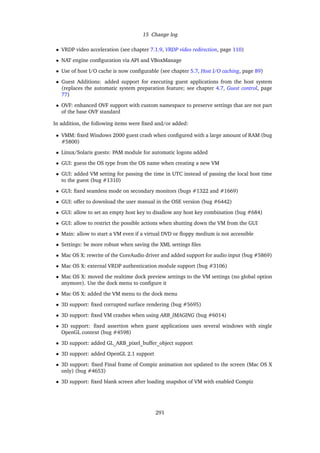 15 Change log
• VRDP video acceleration (see chapter 7.1.9, VRDP video redirection, page 110)
• NAT engine conﬁguration via API and VBoxManage
• Use of host I/O cache is now conﬁgurable (see chapter 5.7, Host I/O caching, page 89)
• Guest Additions: added support for executing guest applications from the host system
(replaces the automatic system preparation feature; see chapter 4.7, Guest control, page
77)
• OVF: enhanced OVF support with custom namespace to preserve settings that are not part
of the base OVF standard
In addition, the following items were ﬁxed and/or added:
• VMM: ﬁxed Windows 2000 guest crash when conﬁgured with a large amount of RAM (bug
#5800)
• Linux/Solaris guests: PAM module for automatic logons added
• GUI: guess the OS type from the OS name when creating a new VM
• GUI: added VM setting for passing the time in UTC instead of passing the local host time
to the guest (bug #1310)
• GUI: ﬁxed seamless mode on secondary monitors (bugs #1322 and #1669)
• GUI: offer to download the user manual in the OSE version (bug #6442)
• GUI: allow to set an empty host key to disallow any host key combination (bug #684)
• GUI: allow to restrict the possible actions when shutting down the VM from the GUI
• Main: allow to start a VM even if a virtual DVD or ﬂoppy medium is not accessible
• Settings: be more robust when saving the XML settings ﬁles
• Mac OS X: rewrite of the CoreAudio driver and added support for audio input (bug #5869)
• Mac OS X: external VRDP authentication module support (bug #3106)
• Mac OS X: moved the realtime dock preview settings to the VM settings (no global option
anymore). Use the dock menu to conﬁgure it
• Mac OS X: added the VM menu to the dock menu
• 3D support: ﬁxed corrupted surface rendering (bug #5695)
• 3D support: ﬁxed VM crashes when using ARB_IMAGING (bug #6014)
• 3D support: ﬁxed assertion when guest applications uses several windows with single
OpenGL context (bug #4598)
• 3D support: added GL_ARB_pixel_buffer_object support
• 3D support: added OpenGL 2.1 support
• 3D support: ﬁxed Final frame of Compiz animation not updated to the screen (Mac OS X
only) (bug #4653)
• 3D support: ﬁxed blank screen after loading snapshot of VM with enabled Compiz
291
 