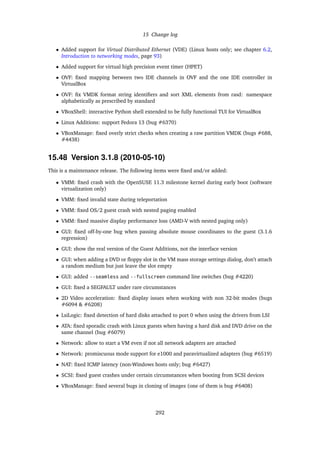 15 Change log
• Added support for Virtual Distributed Ethernet (VDE) (Linux hosts only; see chapter 6.2,
Introduction to networking modes, page 93)
• Added support for virtual high precision event timer (HPET)
• OVF: ﬁxed mapping between two IDE channels in OVF and the one IDE controller in
VirtualBox
• OVF: ﬁx VMDK format string identiﬁers and sort XML elements from rasd: namespace
alphabetically as prescribed by standard
• VBoxShell: interactive Python shell extended to be fully functional TUI for VirtualBox
• Linux Additions: support Fedora 13 (bug #6370)
• VBoxManage: ﬁxed overly strict checks when creating a raw partition VMDK (bugs #688,
#4438)
15.48 Version 3.1.8 (2010-05-10)
This is a maintenance release. The following items were ﬁxed and/or added:
• VMM: ﬁxed crash with the OpenSUSE 11.3 milestone kernel during early boot (software
virtualization only)
• VMM: ﬁxed invalid state during teleportation
• VMM: ﬁxed OS/2 guest crash with nested paging enabled
• VMM: ﬁxed massive display performance loss (AMD-V with nested paging only)
• GUI: ﬁxed off-by-one bug when passing absolute mouse coordinates to the guest (3.1.6
regression)
• GUI: show the real version of the Guest Additions, not the interface version
• GUI: when adding a DVD or ﬂoppy slot in the VM mass storage settings dialog, don’t attach
a random medium but just leave the slot empty
• GUI: added --seamless and --fullscreen command line switches (bug #4220)
• GUI: ﬁxed a SEGFAULT under rare circumstances
• 2D Video acceleration: ﬁxed display issues when working with non 32-bit modes (bugs
#6094 & #6208)
• LsiLogic: ﬁxed detection of hard disks attached to port 0 when using the drivers from LSI
• ATA: ﬁxed sporadic crash with Linux guests when having a hard disk and DVD drive on the
same channel (bug #6079)
• Network: allow to start a VM even if not all network adapters are attached
• Network: promiscuous mode support for e1000 and paravirtualized adapters (bug #6519)
• NAT: ﬁxed ICMP latency (non-Windows hosts only; bug #6427)
• SCSI: ﬁxed guest crashes under certain circumstances when booting from SCSI devices
• VBoxManage: ﬁxed several bugs in cloning of images (one of them is bug #6408)
292
 