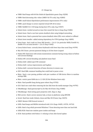 15 Change log
• VMM: ﬁxed hangs with 64 bits Solaris & OpenSolaris guests (bug #2258)
• VMM: ﬁxed decreasing rdtsc values (AMD-V & VT-x only; bug #2869)
• VMM: small Solaris/OpenSolaris performance improvements (VT-x only)
• VMM: cpuid change to correct reported virtual CPU ID in Linux
• VMM: NetBSD 5.0.1 CD hangs during boot (VT-x only; bug #3947)
• Solaris hosts: worked around an issue that caused the host to hang (bug #4486)
• Solaris hosts: ﬁxed a rare host system deadlock when using bridged networking
• Solaris hosts: ﬁxed a potential host system deadlock when CPUs were onlined or ofﬂined
• Solaris hosts installer: added missing dependency for UTF-8 package (bug #4899)
• Linux hosts: don’t crash on Linux PAE kernels < 2.6.11 (in particular RHEL/CentOS 4);
disable VT-x on Linux kernels < 2.6.13 (bug #1842)
• Linux/Solaris hosts: correctly detect keyboards with fewer keys than usual (bug #4799)
• Mac OS X hosts: prevent password dialogs in 32 bits Snow Leopard
• Python WS: ﬁxed issue with certain enumerations constants having wrong values in Python
web services bindings
• Python API: several threading and platform issues ﬁxed
• Python shell: added exportVM command
• Python shell: various improvements and bugﬁxes
• Python shell: corrected detection of home directory in remote case
• OVF: ﬁxed XML comment handling that could lead to parser errors
• Main: ﬁxed a rare parsing problem with port numbers of USB device ﬁlters in machine
settings XML
• Main: restrict guest RAM size to 1.5 GB (32 bits Windows hosts only)
• Main: ﬁxed possible hang during guest reboot (bug #3792)
• GUI: ﬁxed rare crash when removing the last disk from the media manager (bug #4795)
• VBoxManage: ﬁxed guestproperty for Mac OS X hosts (bug #3806)
• VBoxManage: ﬁxed setting guest properties with –ﬂags or -ﬂags
• Web service: ﬁxed a severe memory leak, at least on platforms using XPCOM
• Serial: ﬁxed host mode (Solaris, Linux and Mac OS X hosts; bug #4672)
• VRDP: Remote USB Protocol version 3
• SATA: ﬁxed hangs and BSODs introduced with 3.0.4 (bugs #4695, #4739, #4710)
• SATA: ﬁxed a bug which prevented Windows 7 from detecting more than one hard disk
• SATA/SCSI: ﬁxed rare random guest crashes and hangs
• SCSI: ﬁxed problem with Fedora 11 refusing to boot after kernel update
304
 