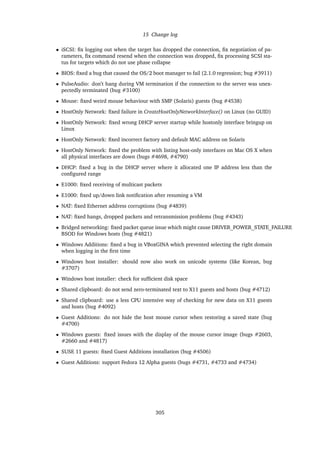 15 Change log
• iSCSI: ﬁx logging out when the target has dropped the connection, ﬁx negotiation of pa-
rameters, ﬁx command resend when the connection was dropped, ﬁx processing SCSI sta-
tus for targets which do not use phase collapse
• BIOS: ﬁxed a bug that caused the OS/2 boot manager to fail (2.1.0 regression; bug #3911)
• PulseAudio: don’t hang during VM termination if the connection to the server was unex-
pectedly terminated (bug #3100)
• Mouse: ﬁxed weird mouse behaviour with SMP (Solaris) guests (bug #4538)
• HostOnly Network: ﬁxed failure in CreateHostOnlyNetworkInterface() on Linux (no GUID)
• HostOnly Network: ﬁxed wrong DHCP server startup while hostonly interface bringup on
Linux
• HostOnly Network: ﬁxed incorrect factory and default MAC address on Solaris
• HostOnly Network: ﬁxed the problem with listing host-only interfaces on Mac OS X when
all physical interfaces are down (bugs #4698, #4790)
• DHCP: ﬁxed a bug in the DHCP server where it allocated one IP address less than the
conﬁgured range
• E1000: ﬁxed receiving of multicast packets
• E1000: ﬁxed up/down link notiﬁcation after resuming a VM
• NAT: ﬁxed Ethernet address corruptions (bug #4839)
• NAT: ﬁxed hangs, dropped packets and retransmission problems (bug #4343)
• Bridged networking: ﬁxed packet queue issue which might cause DRIVER_POWER_STATE_FAILURE
BSOD for Windows hosts (bug #4821)
• Windows Additions: ﬁxed a bug in VBoxGINA which prevented selecting the right domain
when logging in the ﬁrst time
• Windows host installer: should now also work on unicode systems (like Korean, bug
#3707)
• Windows host installer: check for sufﬁcient disk space
• Shared clipboard: do not send zero-terminated text to X11 guests and hosts (bug #4712)
• Shared clipboard: use a less CPU intensive way of checking for new data on X11 guests
and hosts (bug #4092)
• Guest Additions: do not hide the host mouse cursor when restoring a saved state (bug
#4700)
• Windows guests: ﬁxed issues with the display of the mouse cursor image (bugs #2603,
#2660 and #4817)
• SUSE 11 guests: ﬁxed Guest Additions installation (bug #4506)
• Guest Additions: support Fedora 12 Alpha guests (bugs #4731, #4733 and #4734)
305
 