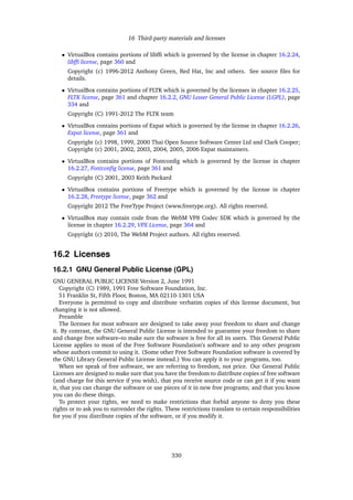 16 Third-party materials and licenses
• VirtualBox contains portions of libfﬁ which is governed by the license in chapter 16.2.24,
libfﬁ license, page 360 and
Copyright (c) 1996-2012 Anthony Green, Red Hat, Inc and others. See source ﬁles for
details.
• VirtualBox contains portions of FLTK which is governed by the licenses in chapter 16.2.25,
FLTK license, page 361 and chapter 16.2.2, GNU Lesser General Public License (LGPL), page
334 and
Copyright (C) 1991-2012 The FLTK team
• VirtualBox contains portions of Expat which is governed by the license in chapter 16.2.26,
Expat license, page 361 and
Copyright (c) 1998, 1999, 2000 Thai Open Source Software Center Ltd and Clark Cooper;
Copyright (c) 2001, 2002, 2003, 2004, 2005, 2006 Expat maintainers.
• VirtualBox contains portions of Fontconﬁg which is governed by the license in chapter
16.2.27, Fontconﬁg license, page 361 and
Copyright (C) 2001, 2003 Keith Packard
• VirtualBox contains portions of Freetype which is governed by the license in chapter
16.2.28, Freetype license, page 362 and
Copyright 2012 The FreeType Project (www.freetype.org). All rights reserved.
• VirtualBox may contain code from the WebM VP8 Codec SDK which is governed by the
license in chapter 16.2.29, VPX License, page 364 and
Copyright (c) 2010, The WebM Project authors. All rights reserved.
16.2 Licenses
16.2.1 GNU General Public License (GPL)
GNU GENERAL PUBLIC LICENSE Version 2, June 1991
Copyright (C) 1989, 1991 Free Software Foundation, Inc.
51 Franklin St, Fifth Floor, Boston, MA 02110-1301 USA
Everyone is permitted to copy and distribute verbatim copies of this license document, but
changing it is not allowed.
Preamble
The licenses for most software are designed to take away your freedom to share and change
it. By contrast, the GNU General Public License is intended to guarantee your freedom to share
and change free software–to make sure the software is free for all its users. This General Public
License applies to most of the Free Software Foundation’s software and to any other program
whose authors commit to using it. (Some other Free Software Foundation software is covered by
the GNU Library General Public License instead.) You can apply it to your programs, too.
When we speak of free software, we are referring to freedom, not price. Our General Public
Licenses are designed to make sure that you have the freedom to distribute copies of free software
(and charge for this service if you wish), that you receive source code or can get it if you want
it, that you can change the software or use pieces of it in new free programs; and that you know
you can do these things.
To protect your rights, we need to make restrictions that forbid anyone to deny you these
rights or to ask you to surrender the rights. These restrictions translate to certain responsibilities
for you if you distribute copies of the software, or if you modify it.
330
 